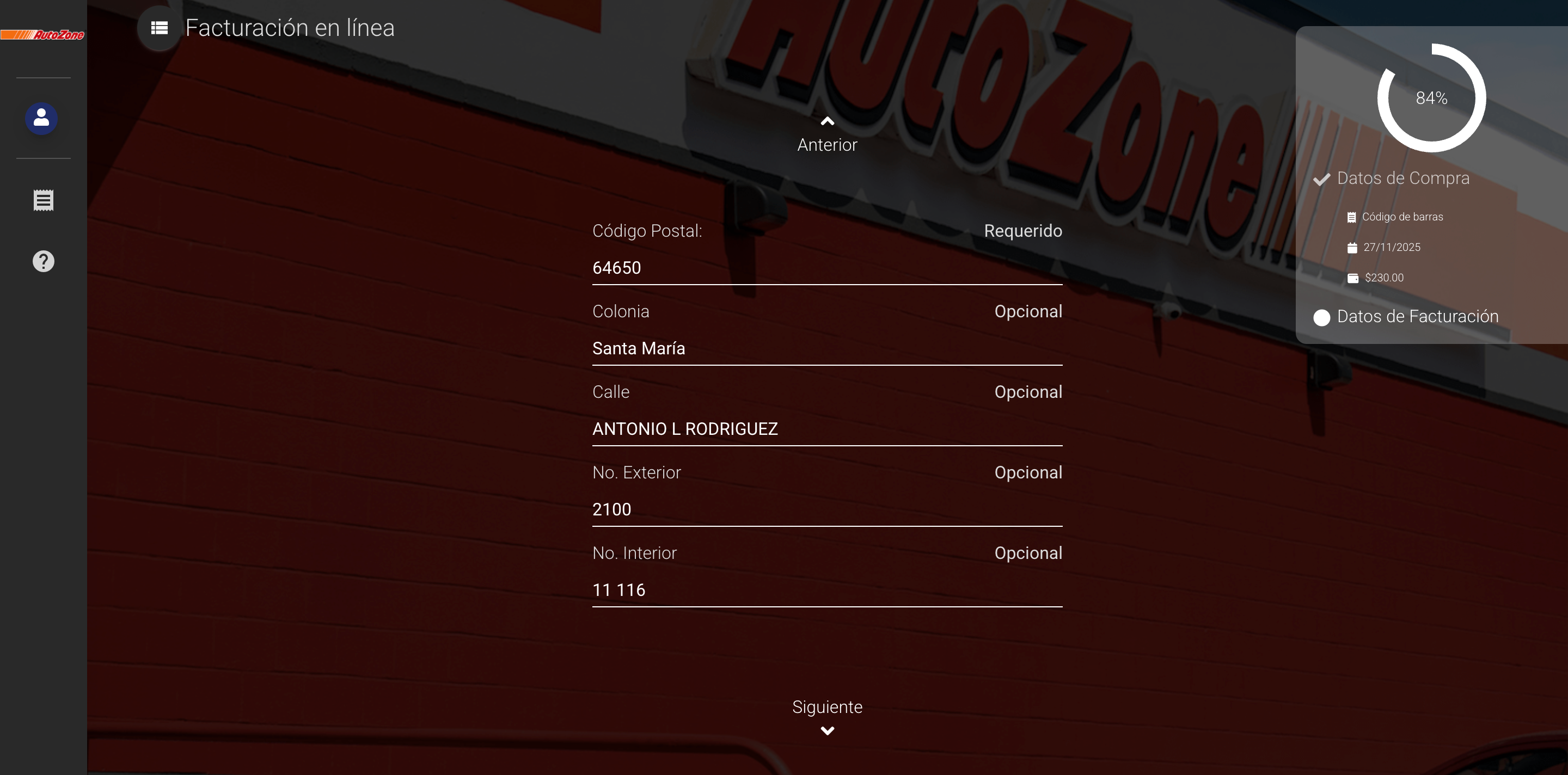 Captura de pantalla portal de facturación Autozone