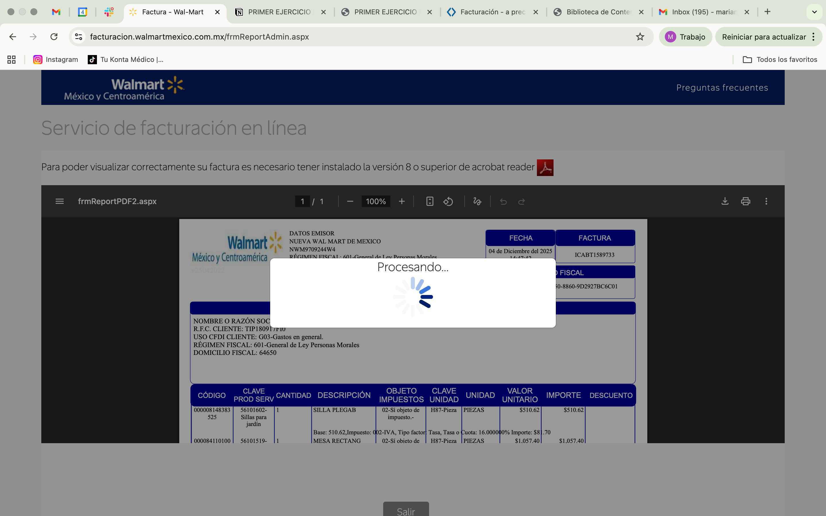 Captura de pantalla portal de facturación SAMS