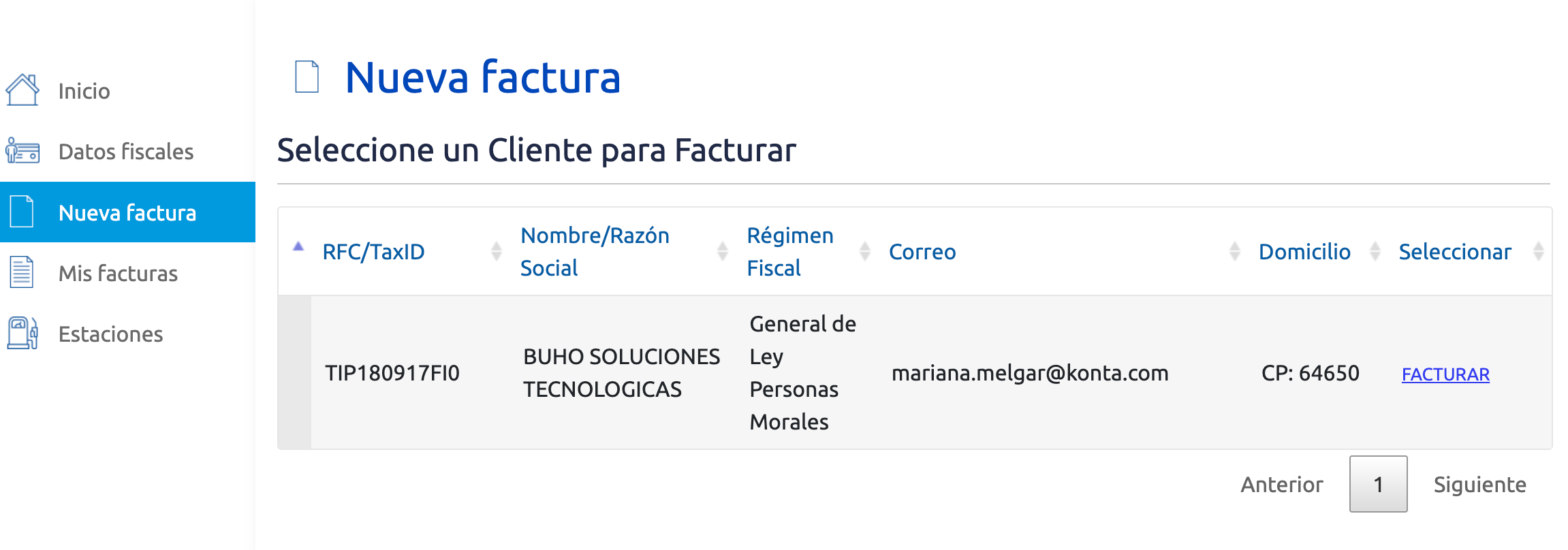 Captura de pantalla portal de facturación G500