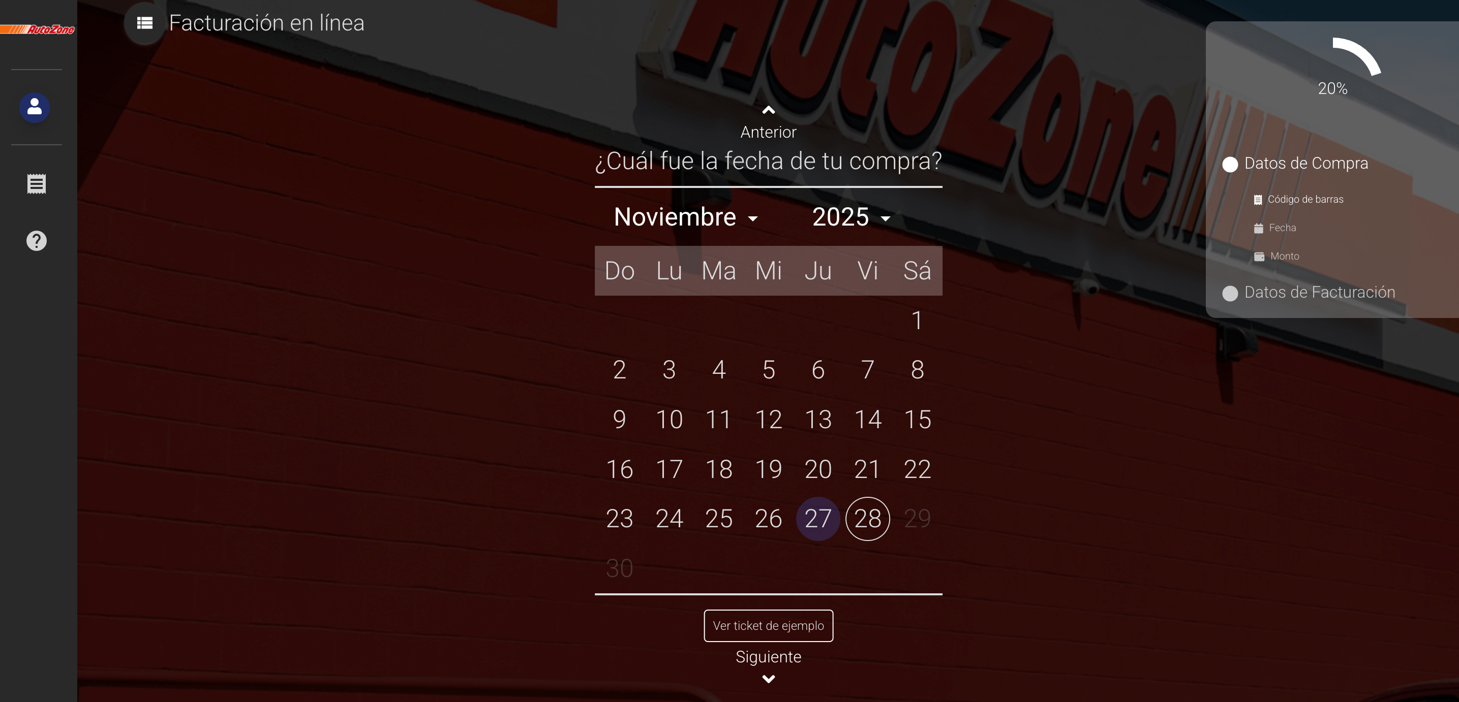 Captura de pantalla portal de facturación Autozone