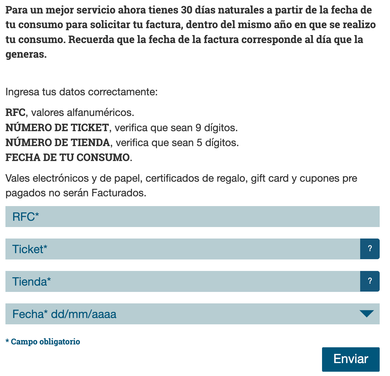 Captura de pantalla portal de facturación Alsea