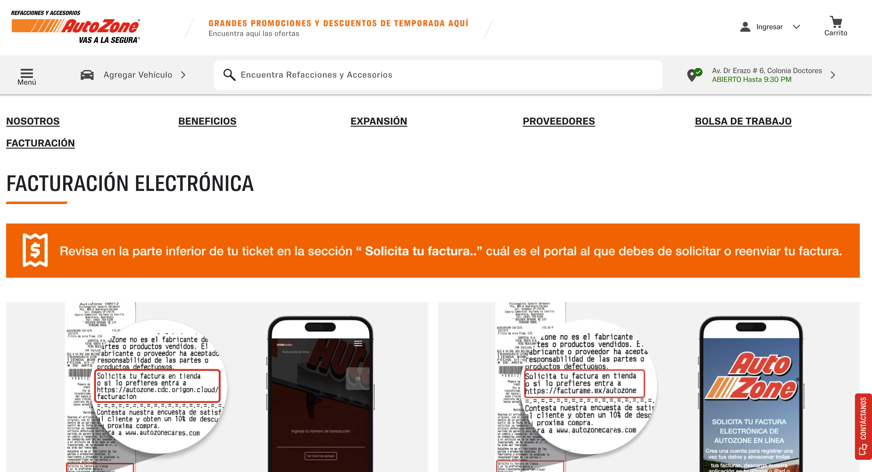 Captura de pantalla portal de facturación Autozone