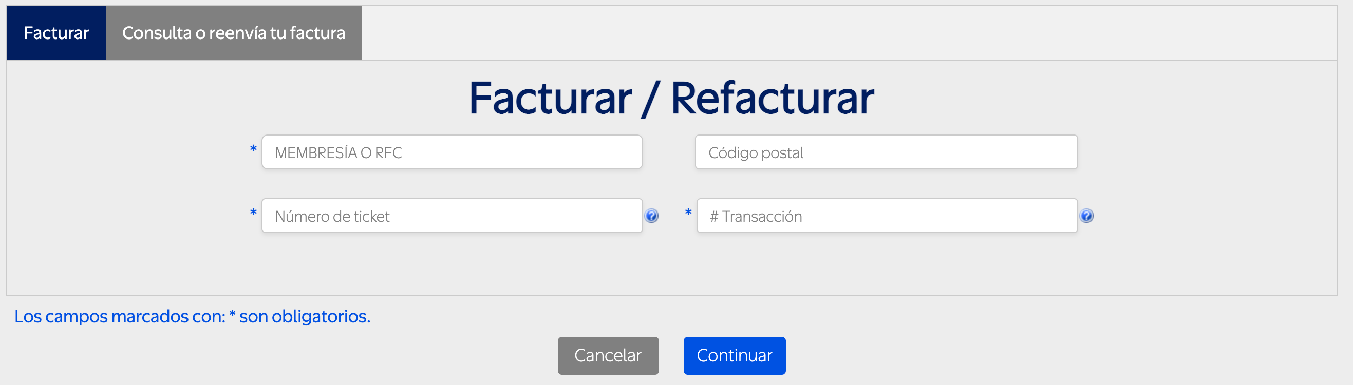 Captura de pantalla portal de facturación Walmart