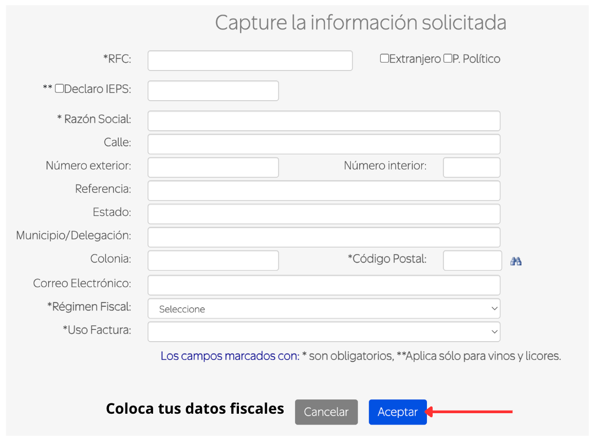 Captura de pantalla portal de facturación Walmart