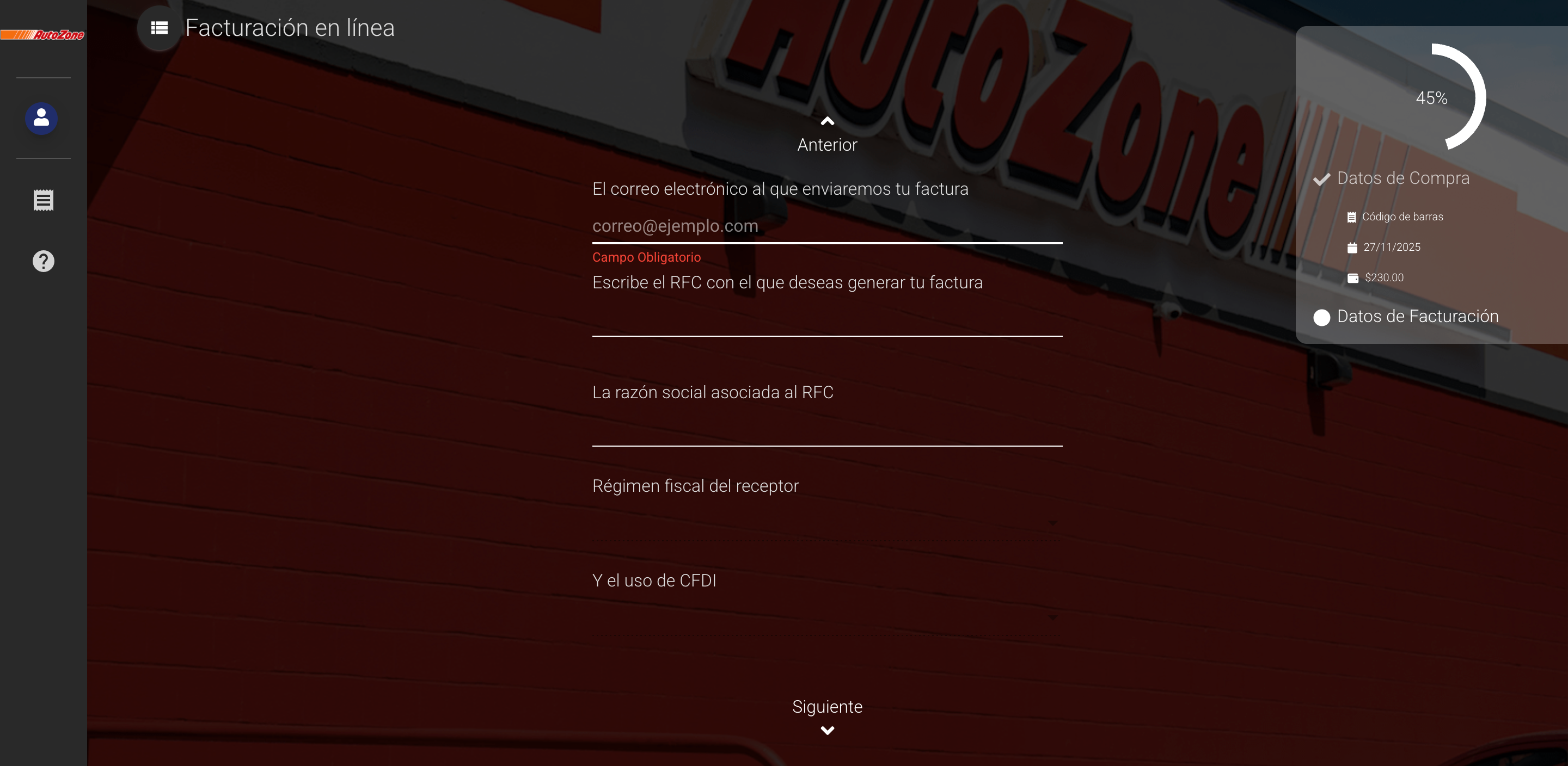 Captura de pantalla portal de facturación Autozone