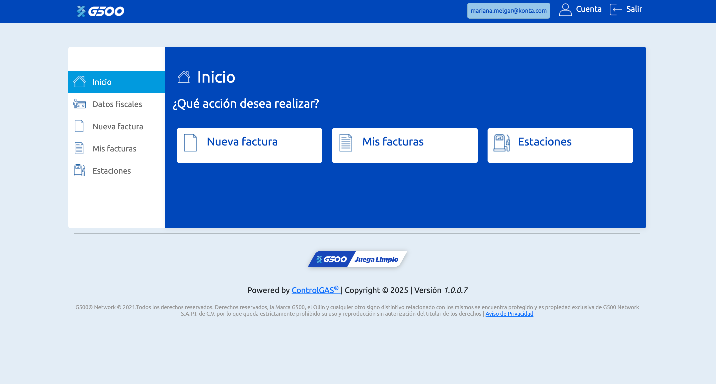 Captura de pantalla inicio portal de facturación G500