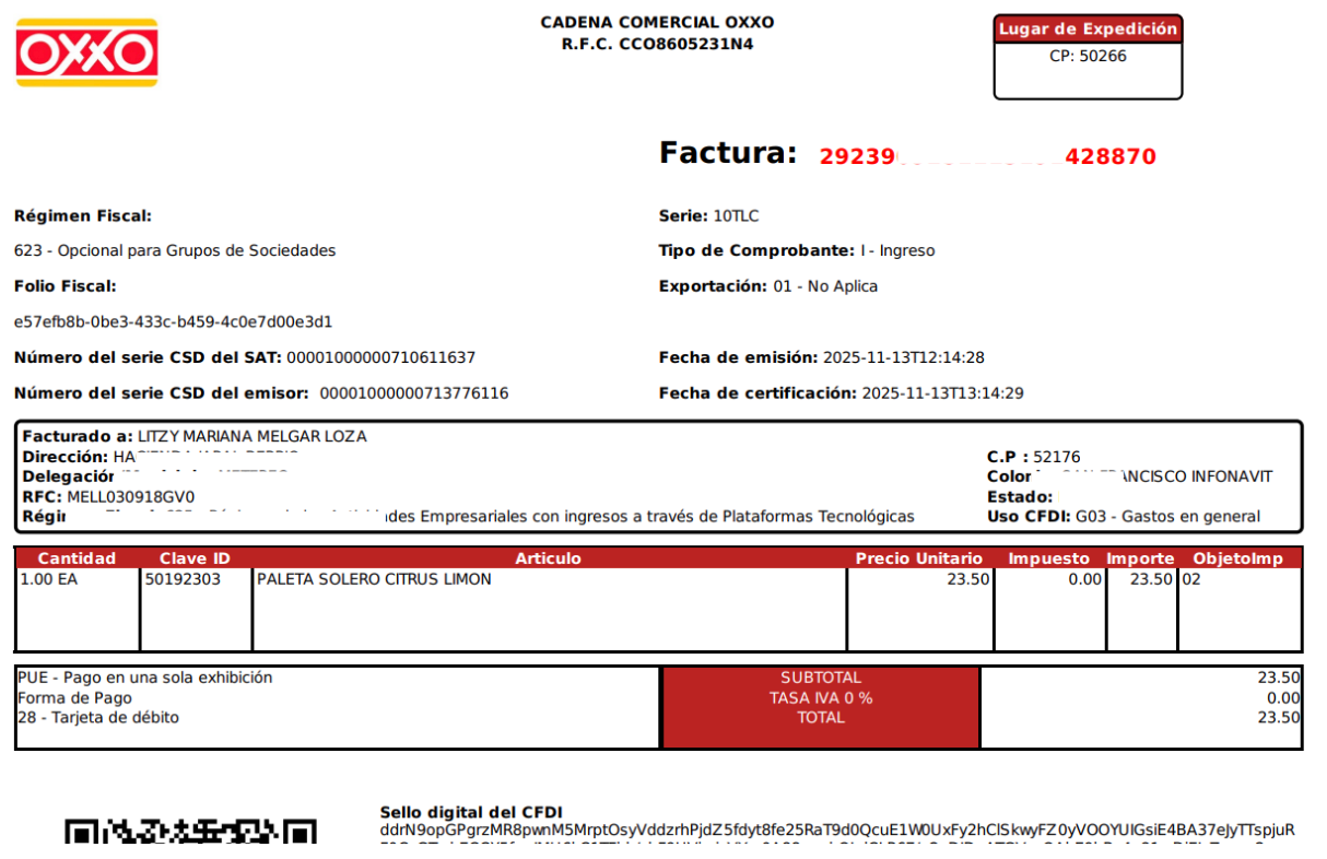 Captura de pantalla factura Oxxo