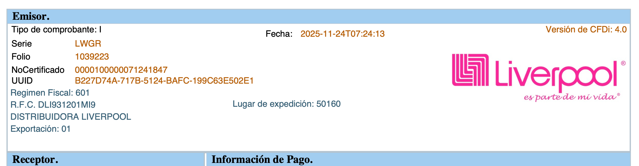 Ejemplo de factura generada por el portal de facturación de Liverpool