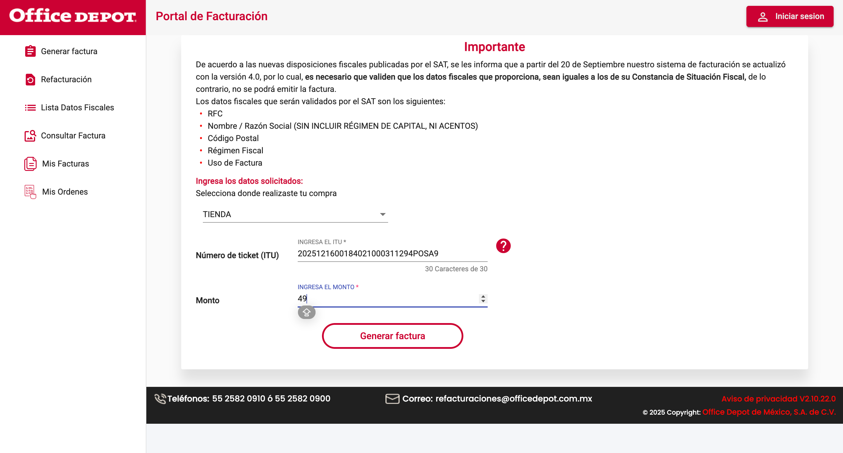 Captura de pantalla portal de facturación Office Depot
