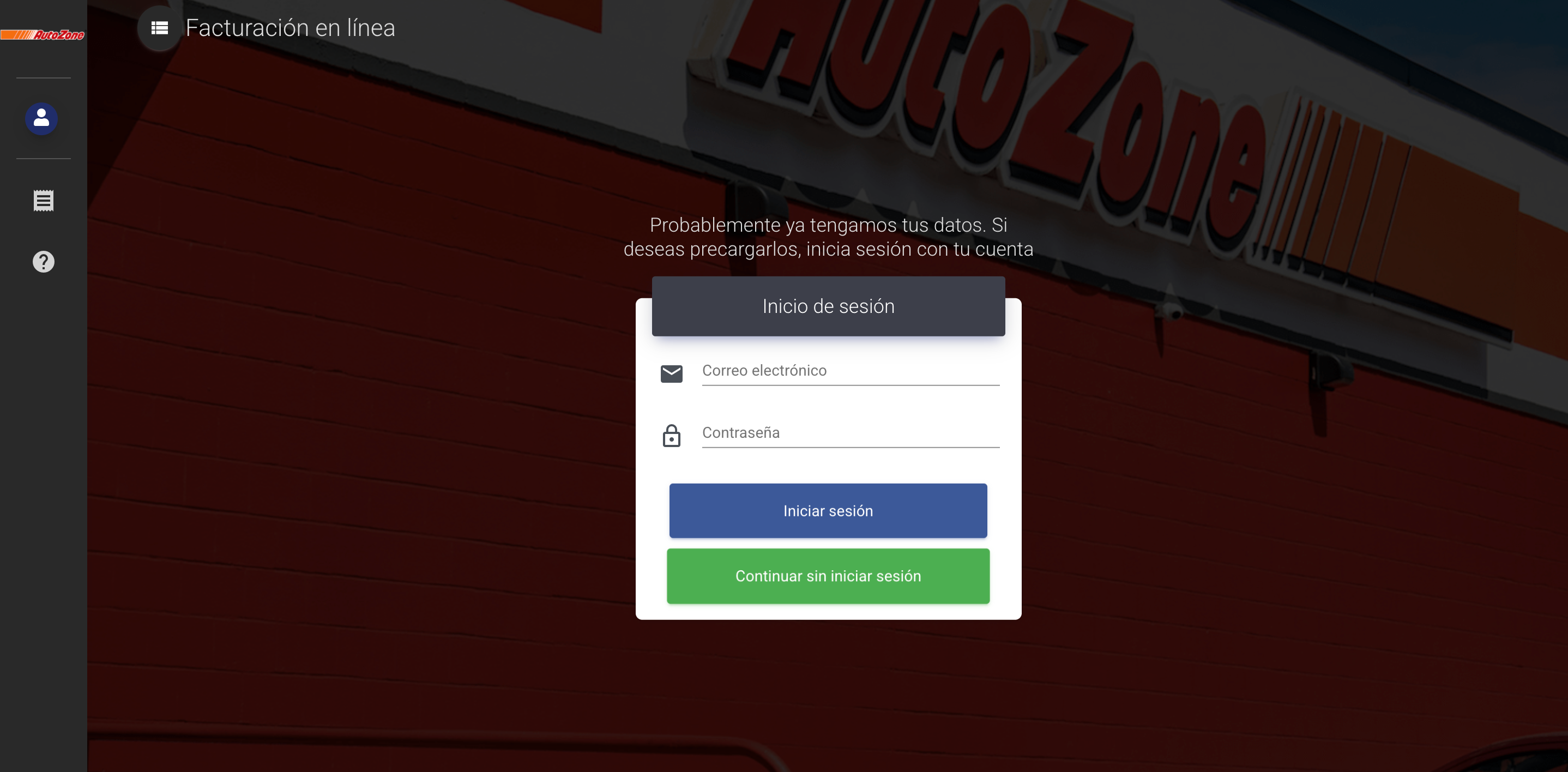 Captura de pantalla portal de facturación Autozone
