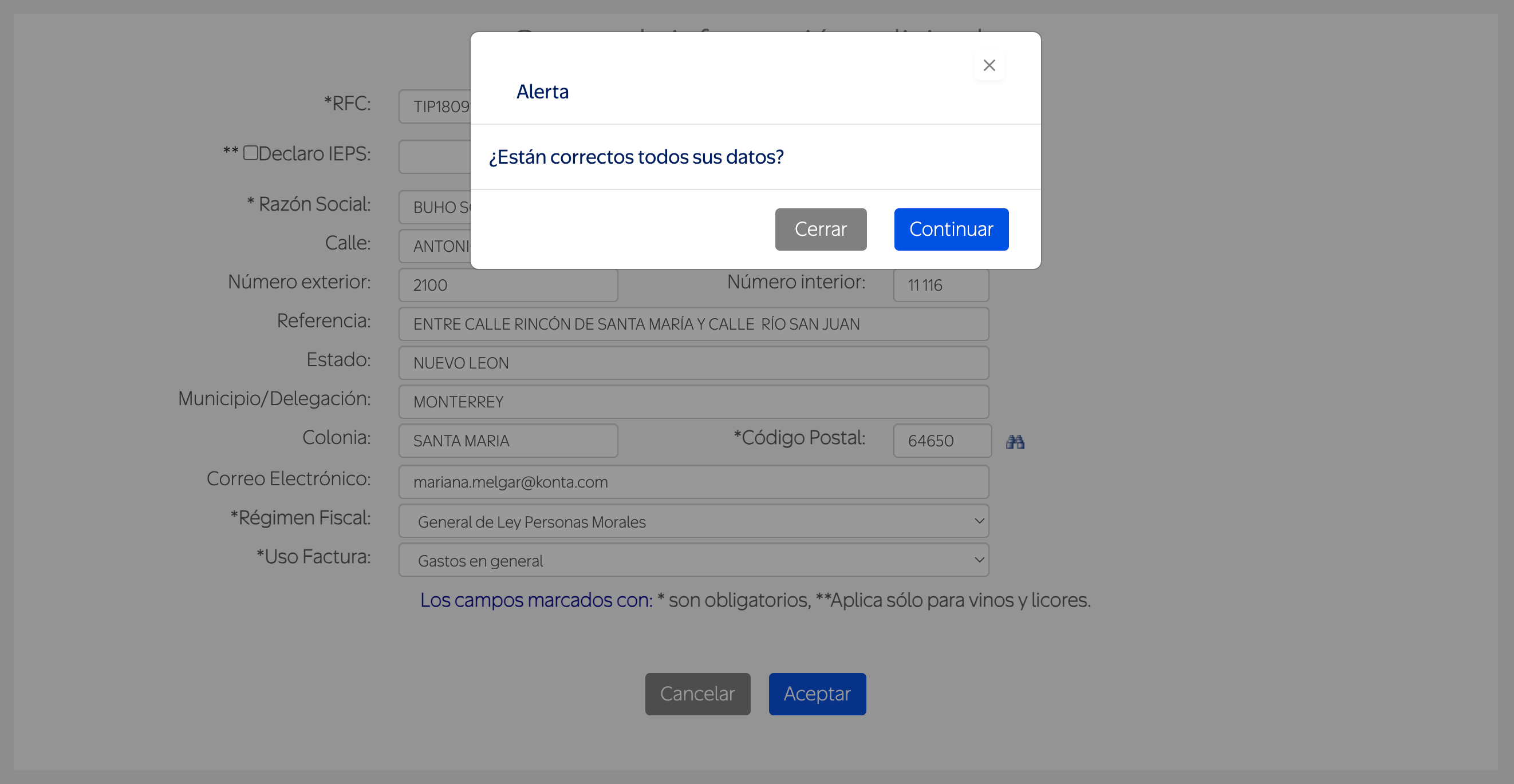 Captura de pantalla portal de facturación Sams