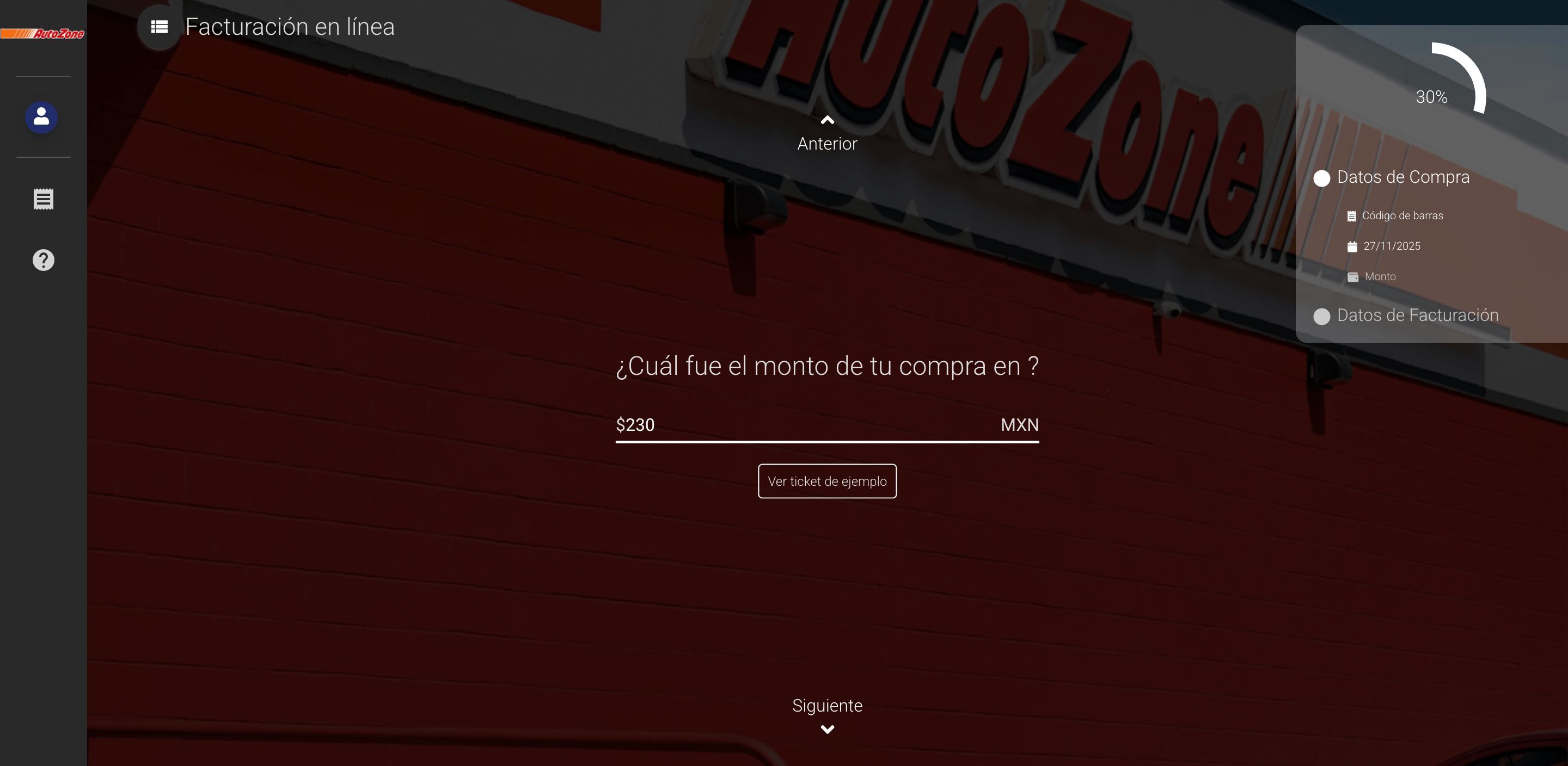 Captura de pantalla portal de facturación Autozone