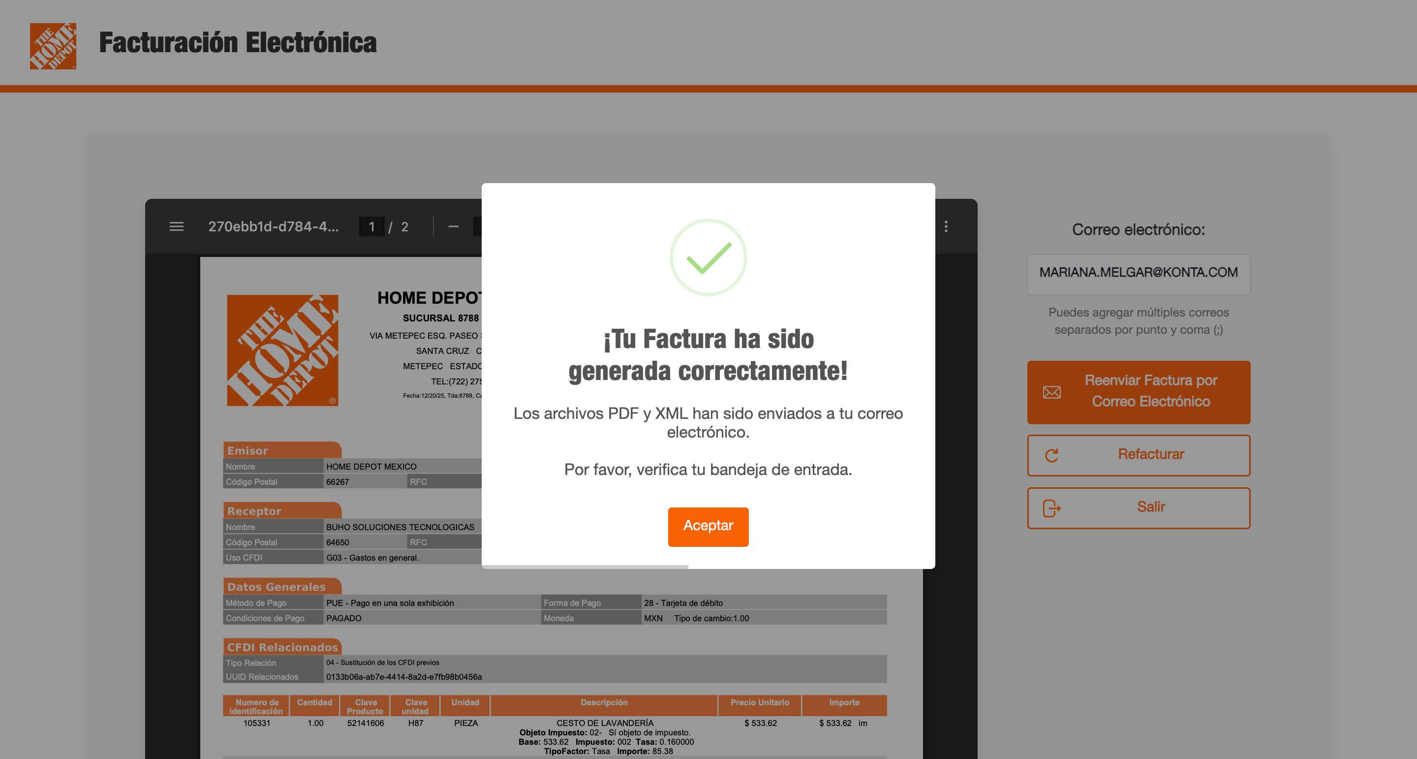 Captura de pantalla portal de facturación Home Depot