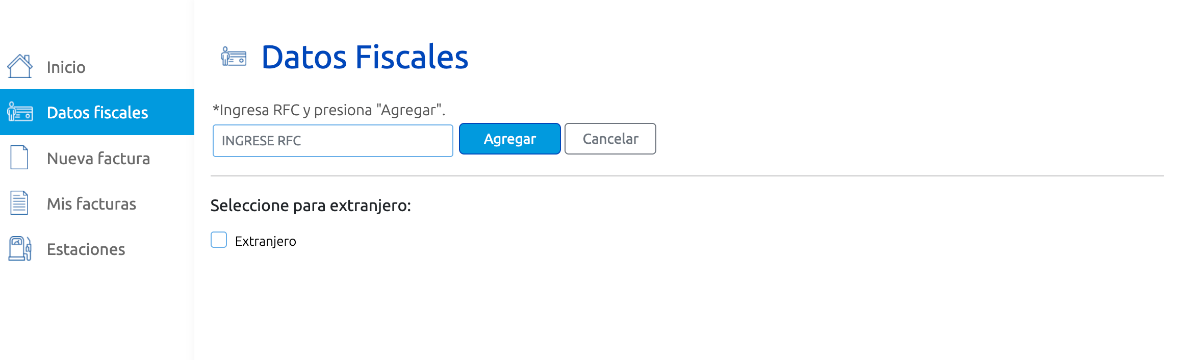 Captura de pantalla formulario datos fiscales portal de facturación G500