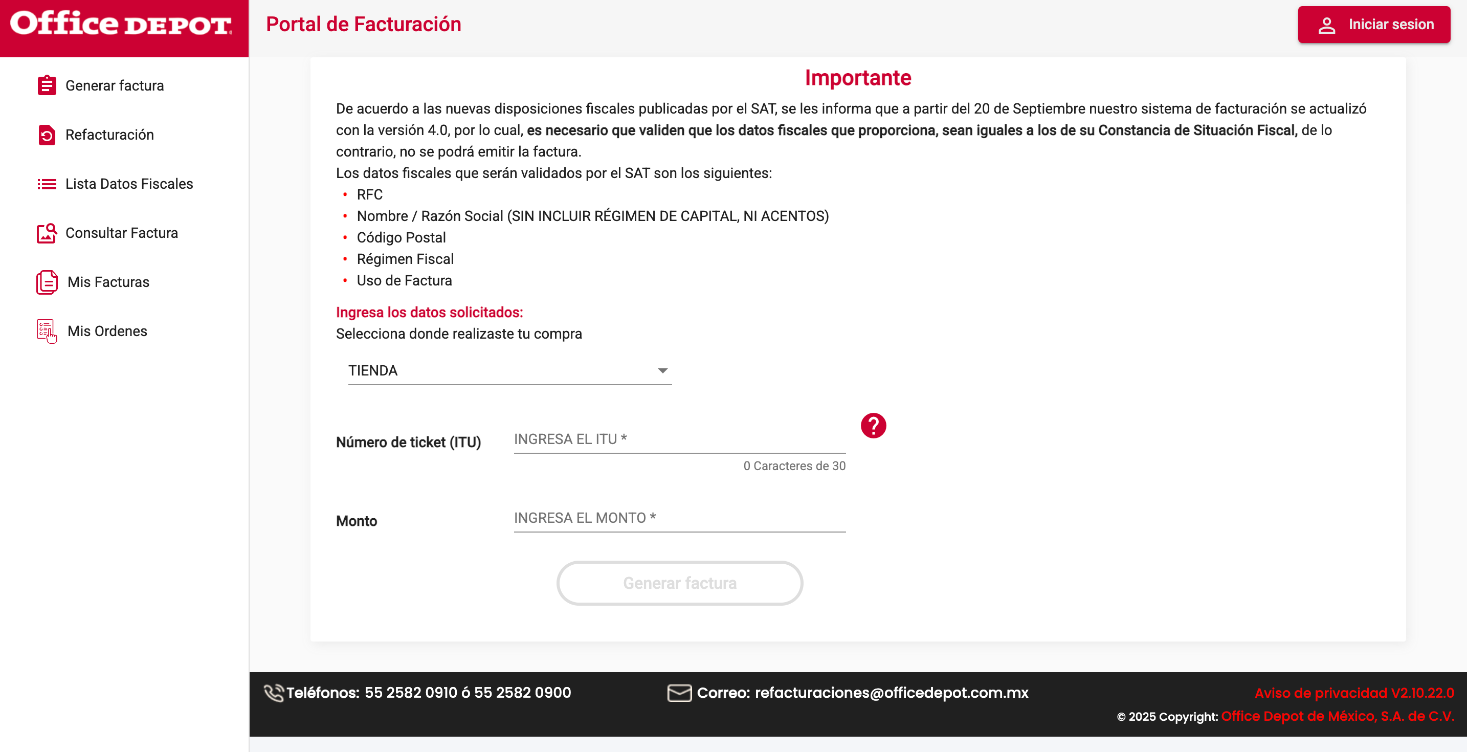 Captura de pantalla portal de facturación Office Depot