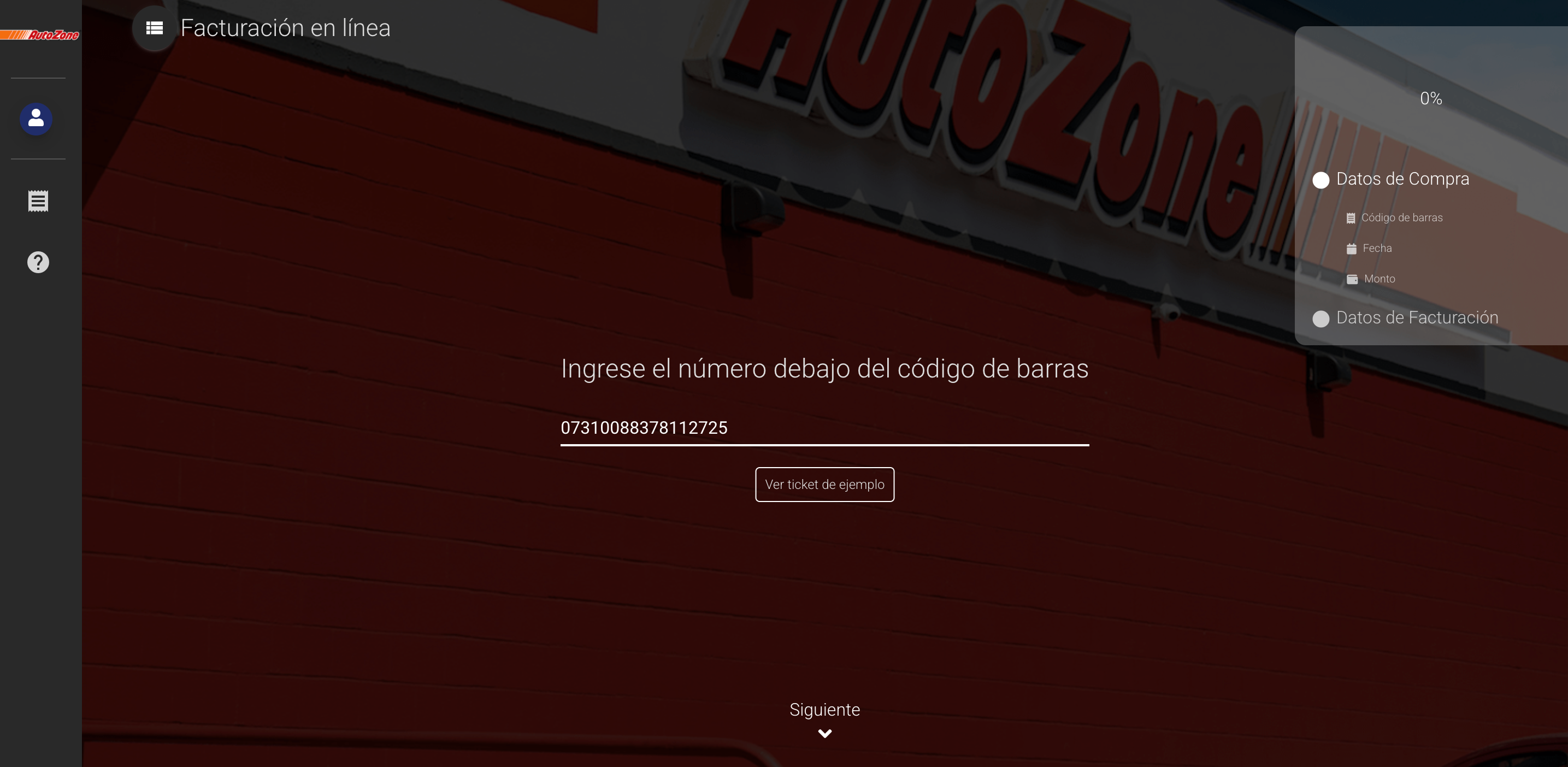 Captura de pantalla portal de facturación Autozone