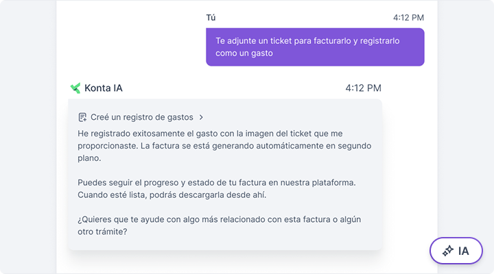 Conversación con Konta IA sobre facturar un tickets desde la conversación