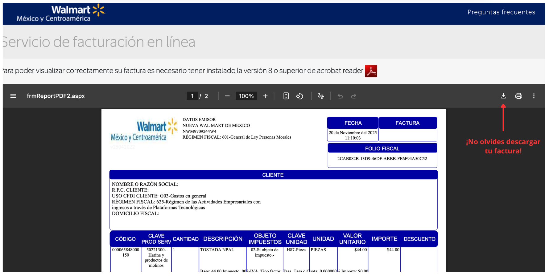 Captura de pantalla factura Walmart