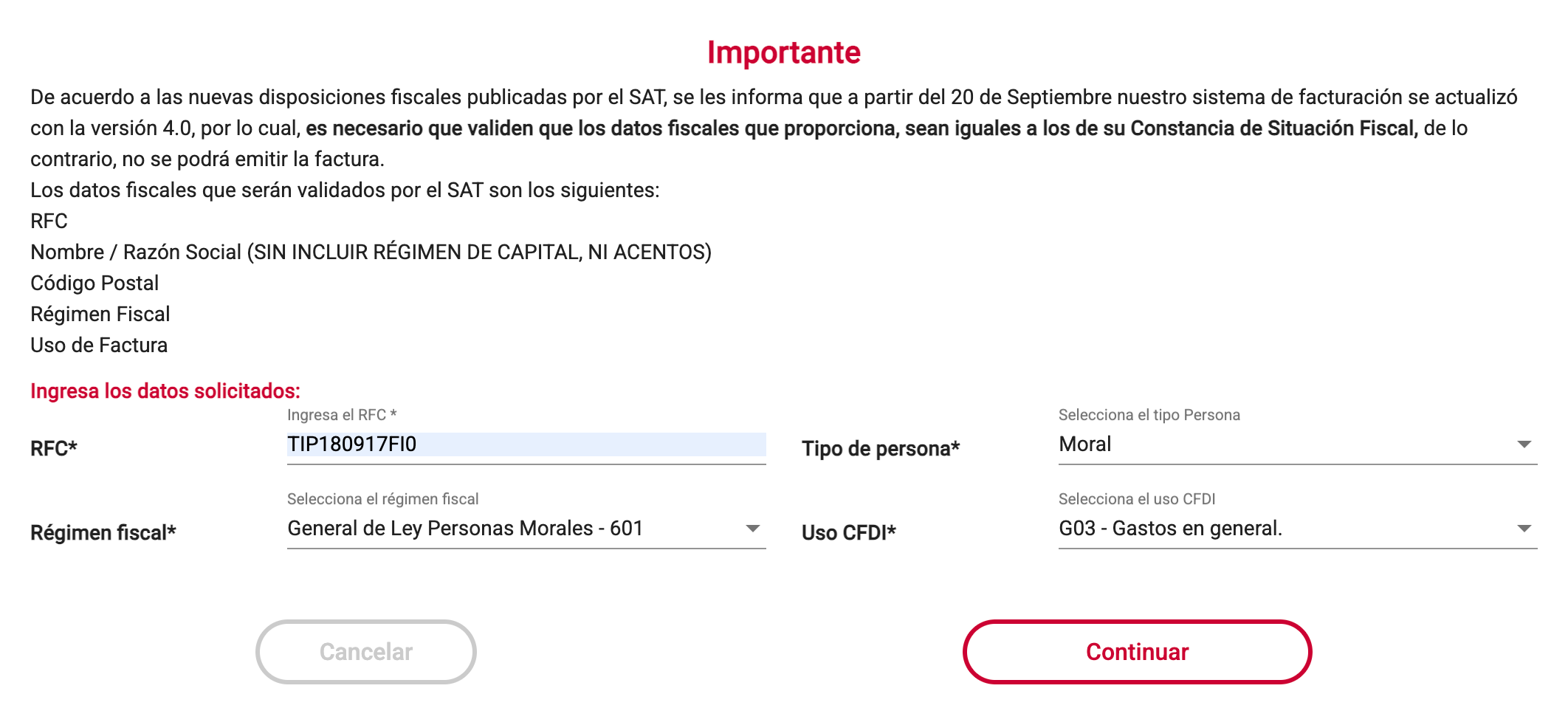 Captura de pantalla "Datos fiscales" portal de facturación Office Depot