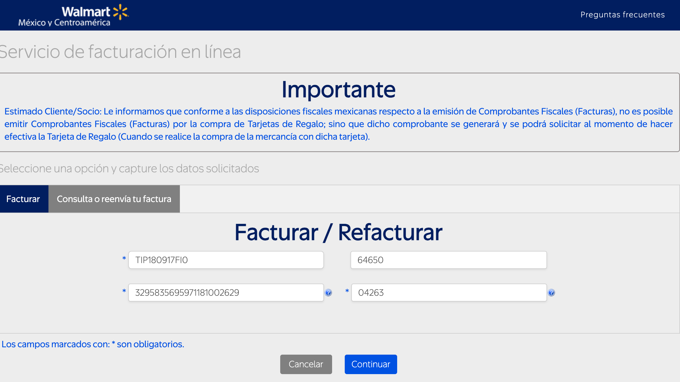 Captura de pantalla portal de facturación SAMS