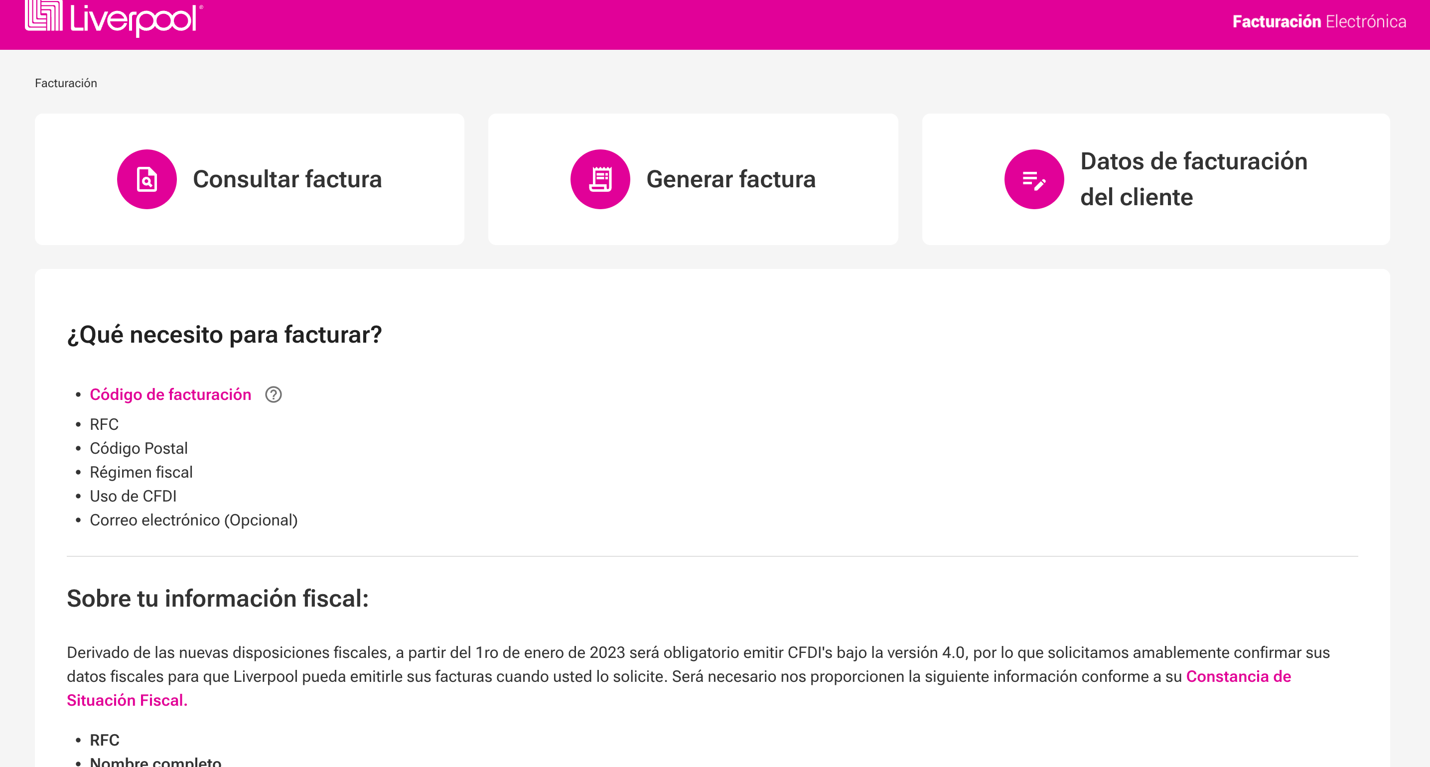 Captura de pantalla portal de facturación Liverpool
