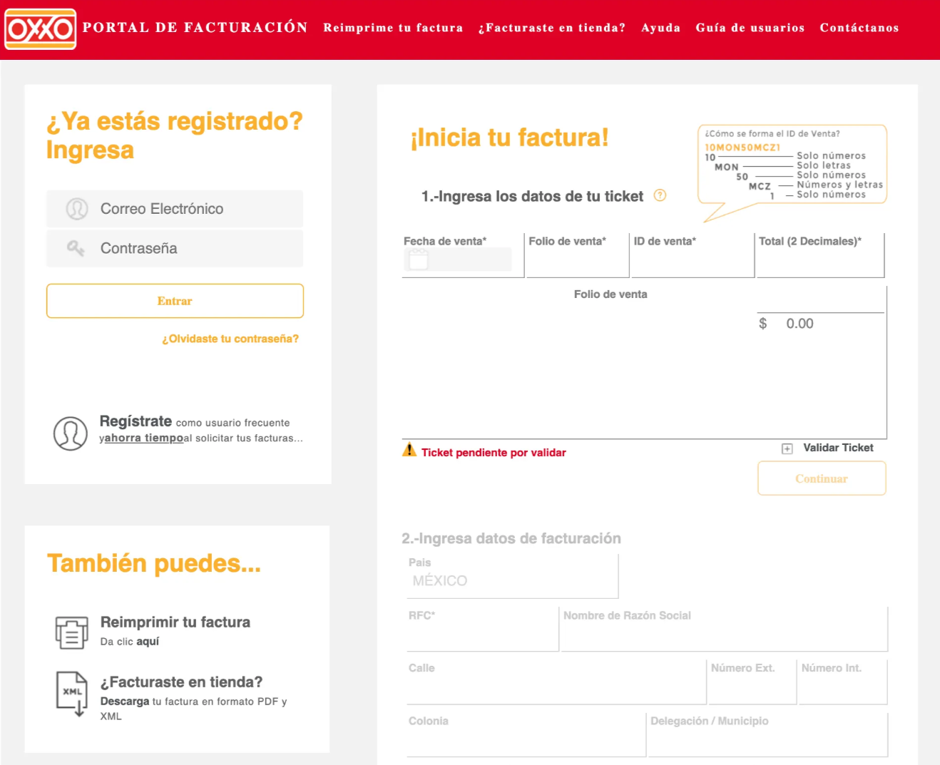 Captura de pantalla del portal de facturación de Oxxo