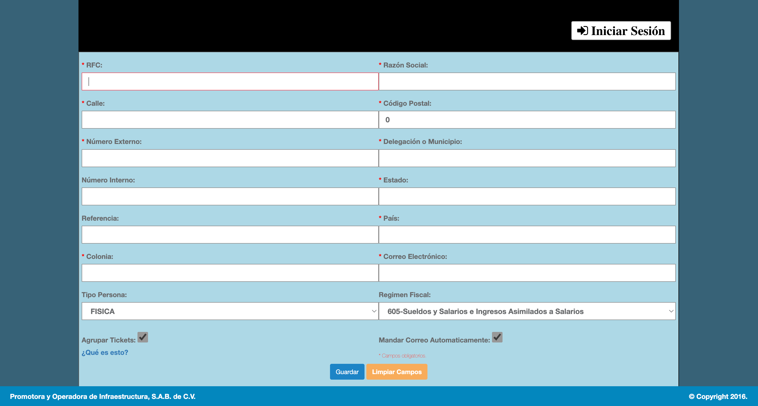 Captura de pantalla portal de facturación PINFRA