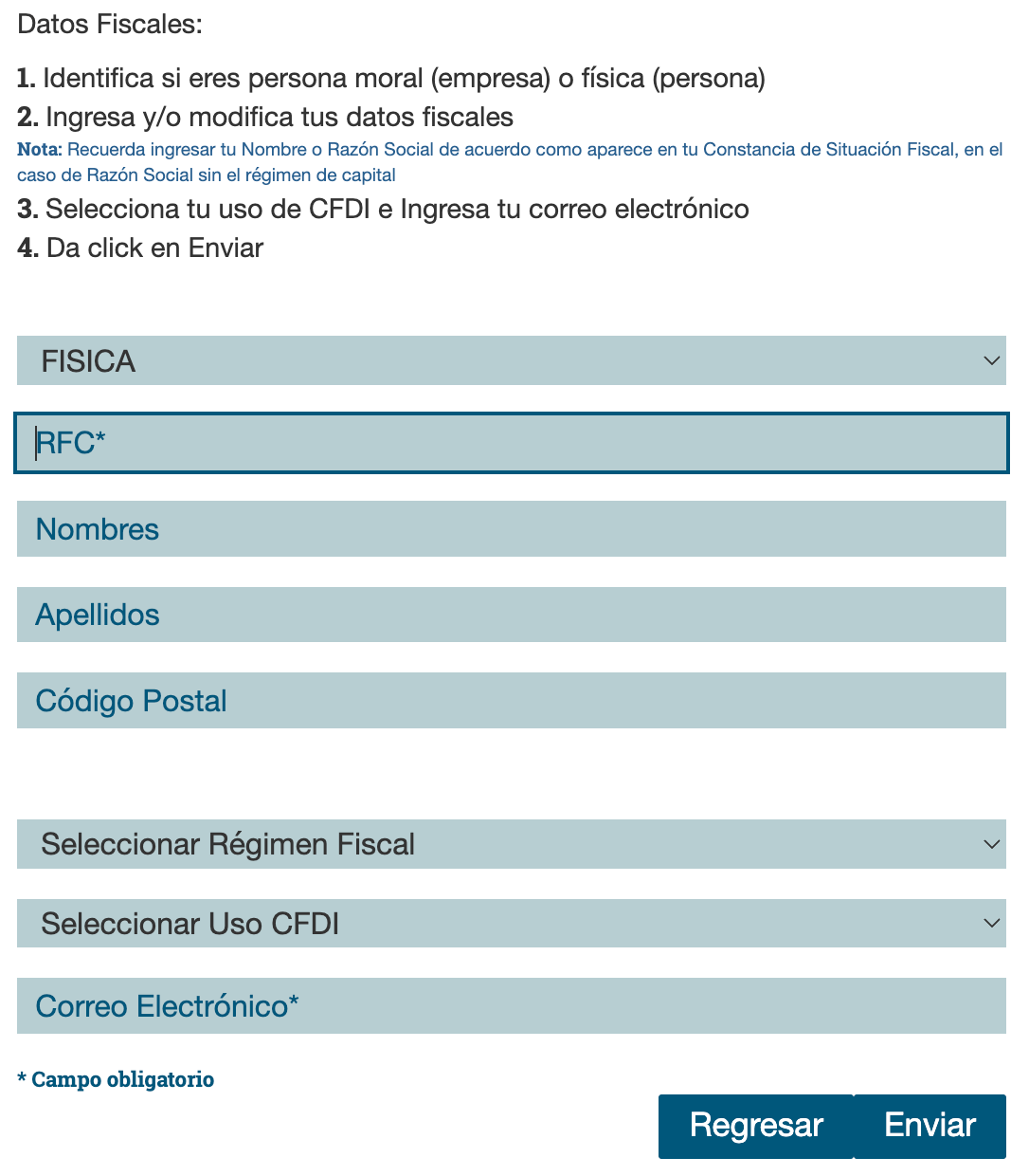 Captura de pantalla portal de facturación Alsea