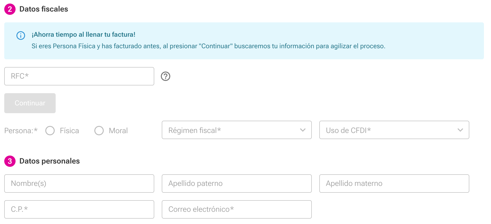 Captura de pantalla "Datos fiscales" portal de facturación Liverpool