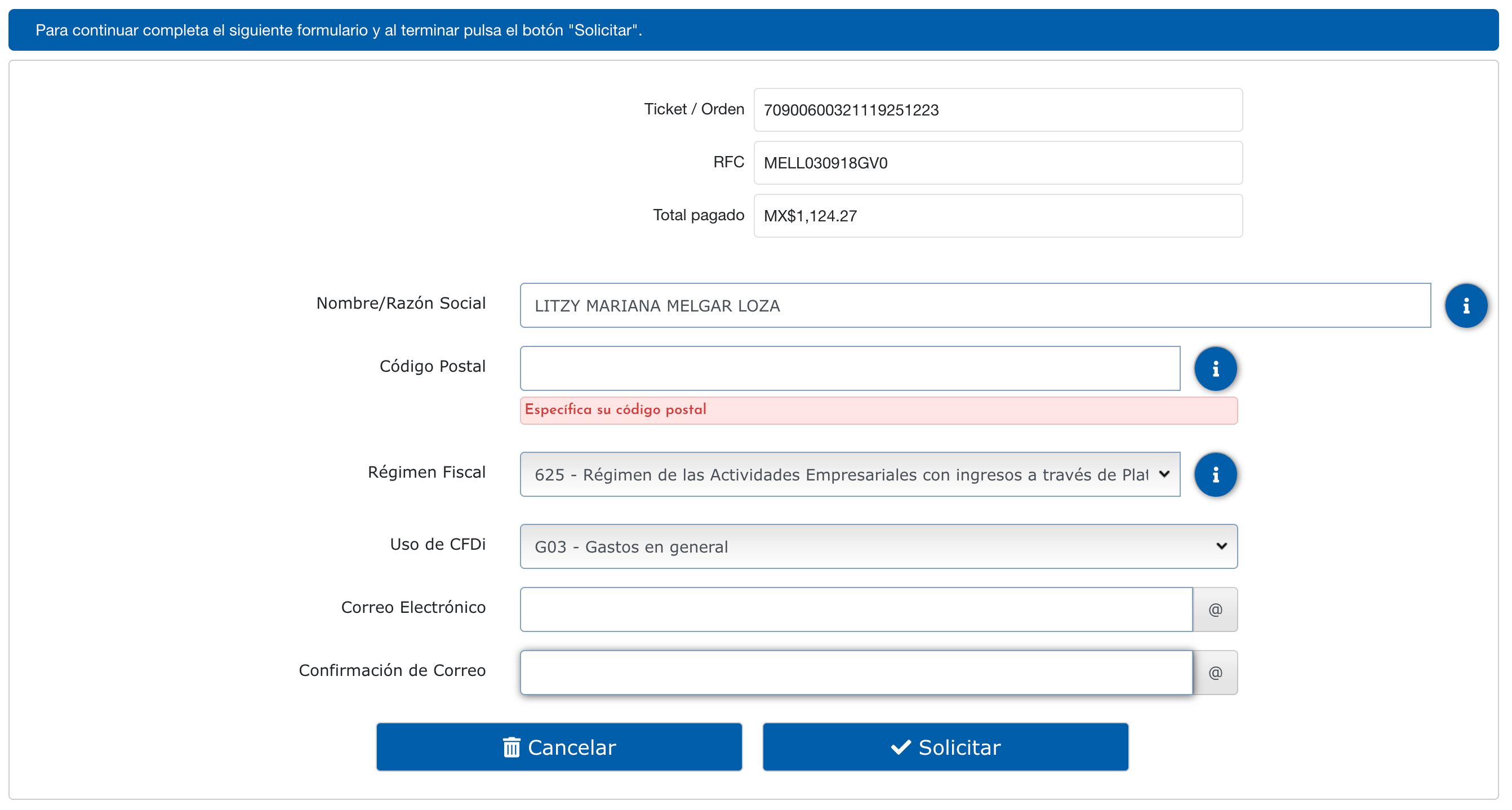 Captura de pantalla portal de facturación Costco
