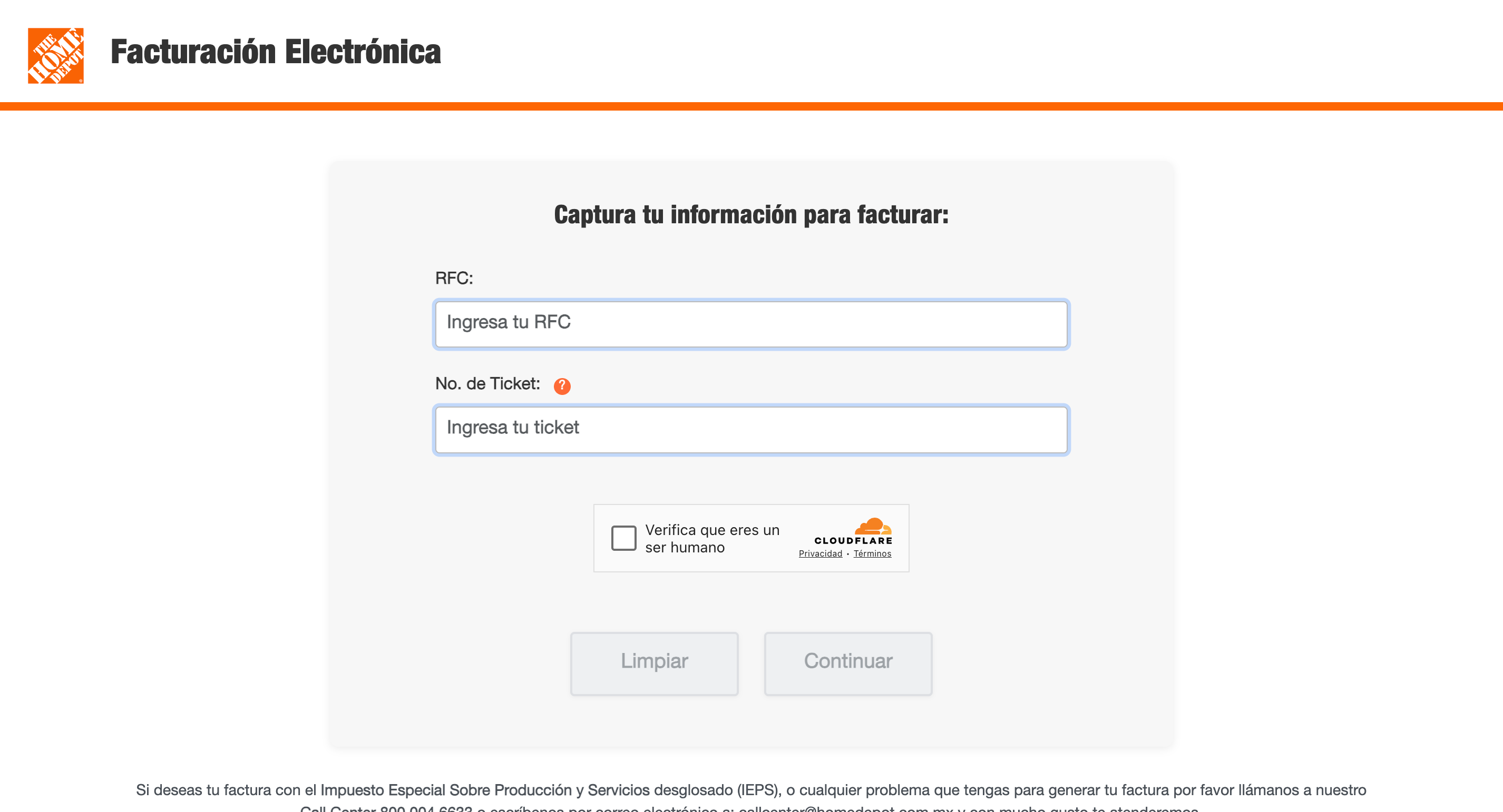 Captura de pantalla portal de facturación Home Depot
