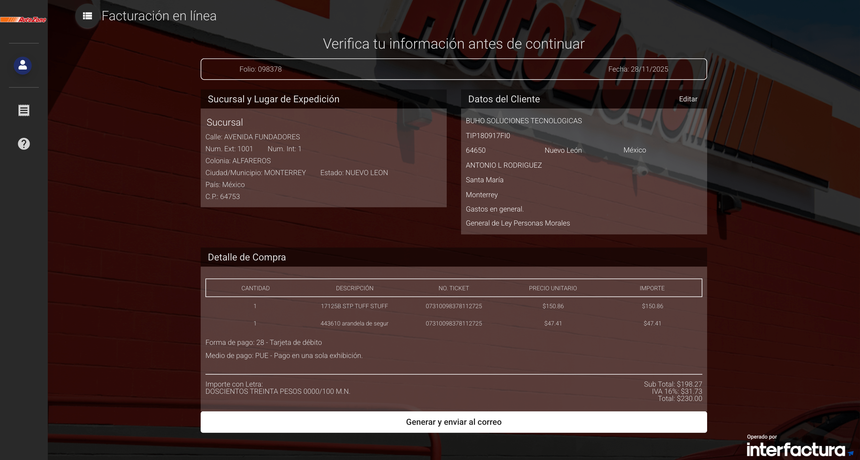 Captura de pantalla portal de facturación Autozone