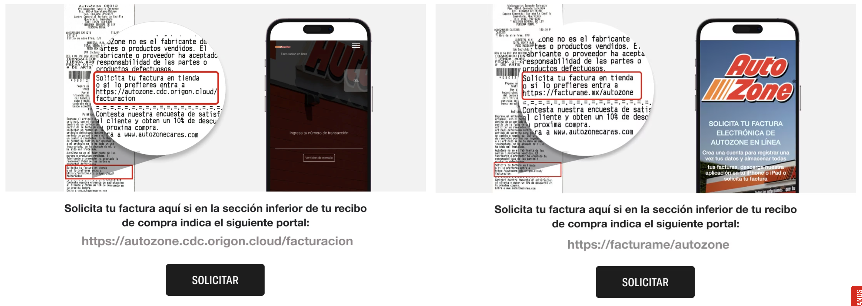 Captura de pantalla portal de facturación Autozone