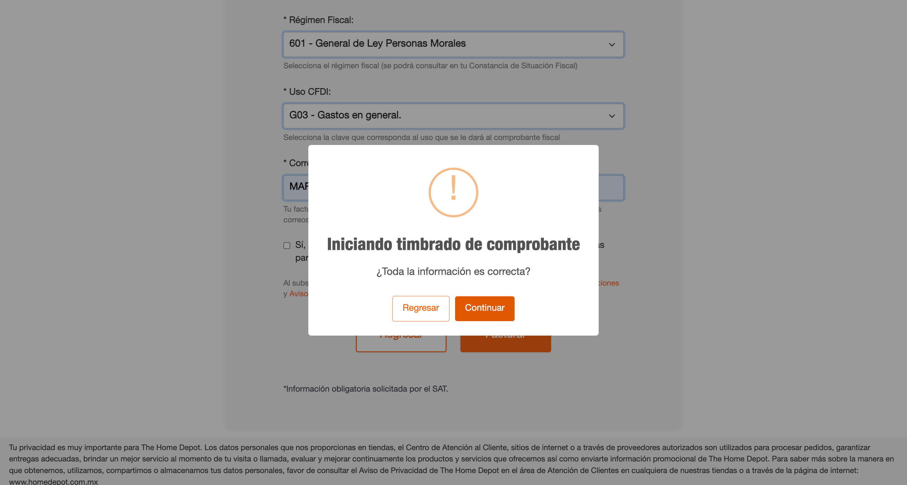 Captura de pantalla portal de facturación Home Depot