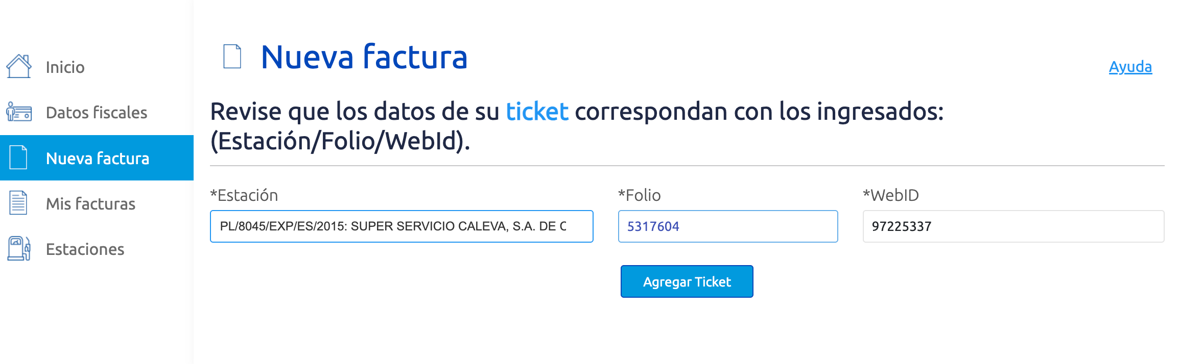 Captura de pantalla portal de facturación G500