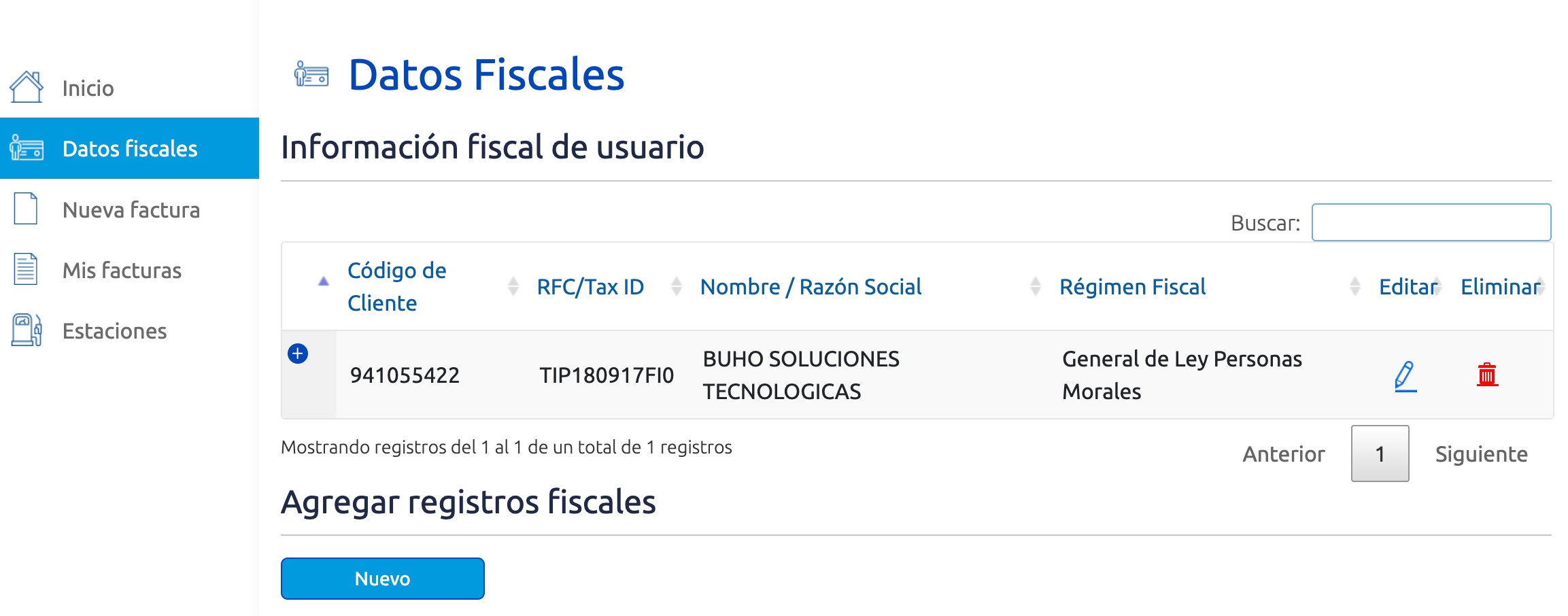 Captura de pantalla formulario datos fiscales portal de facturación G500