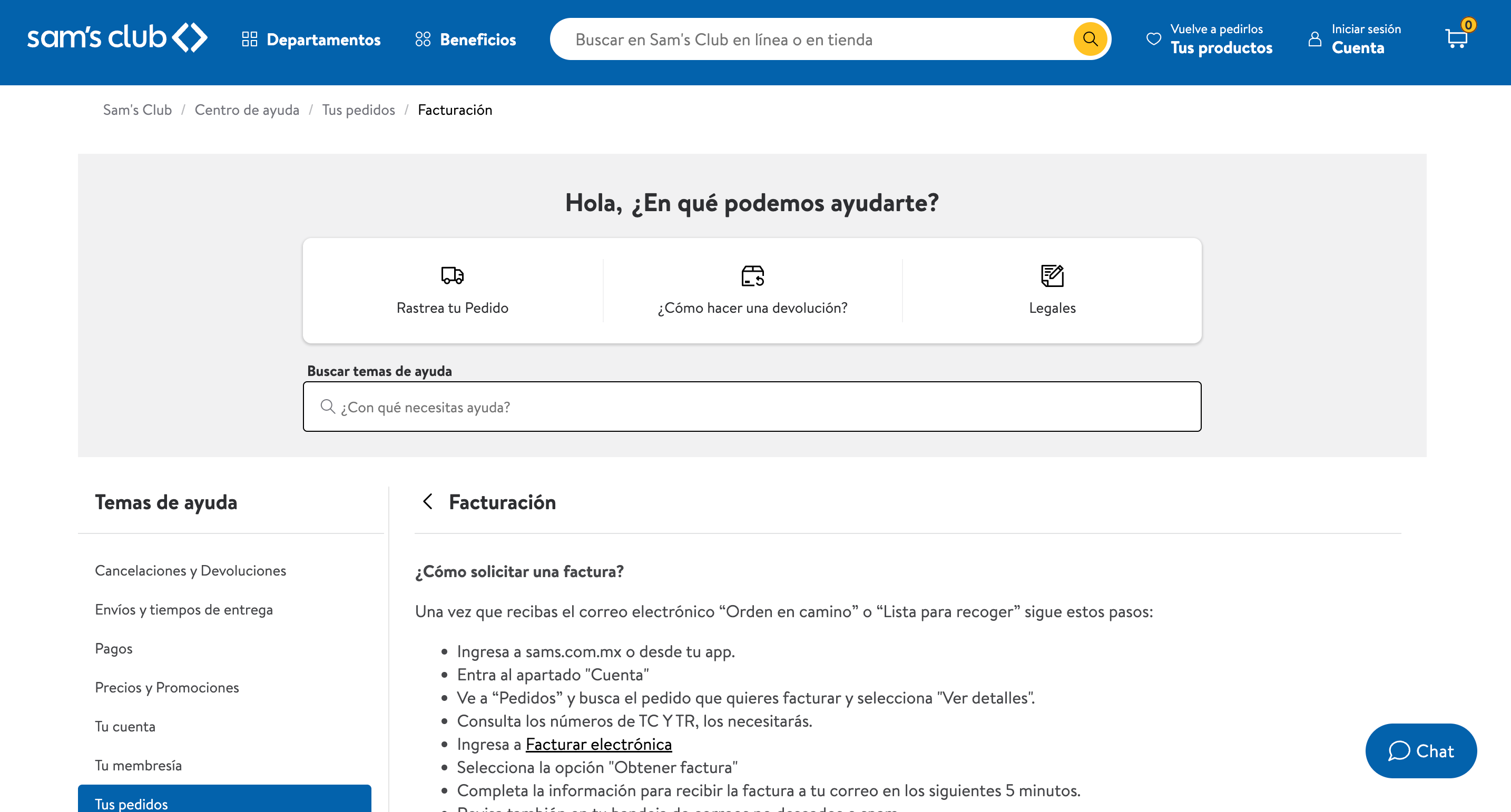 Captura de pantalla portal de facturación SAMS