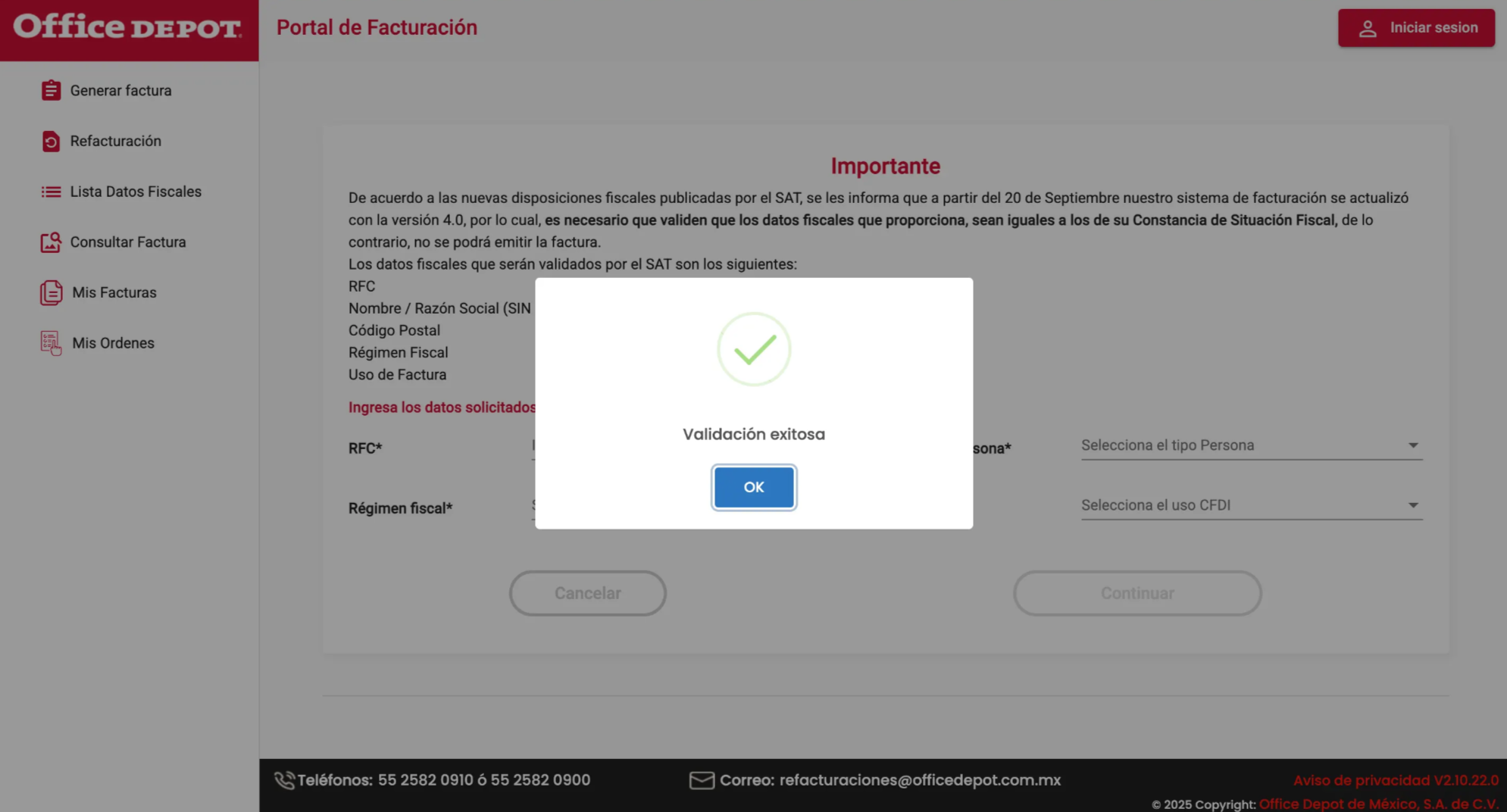 Captura de pantalla portal de facturación Office Depot
