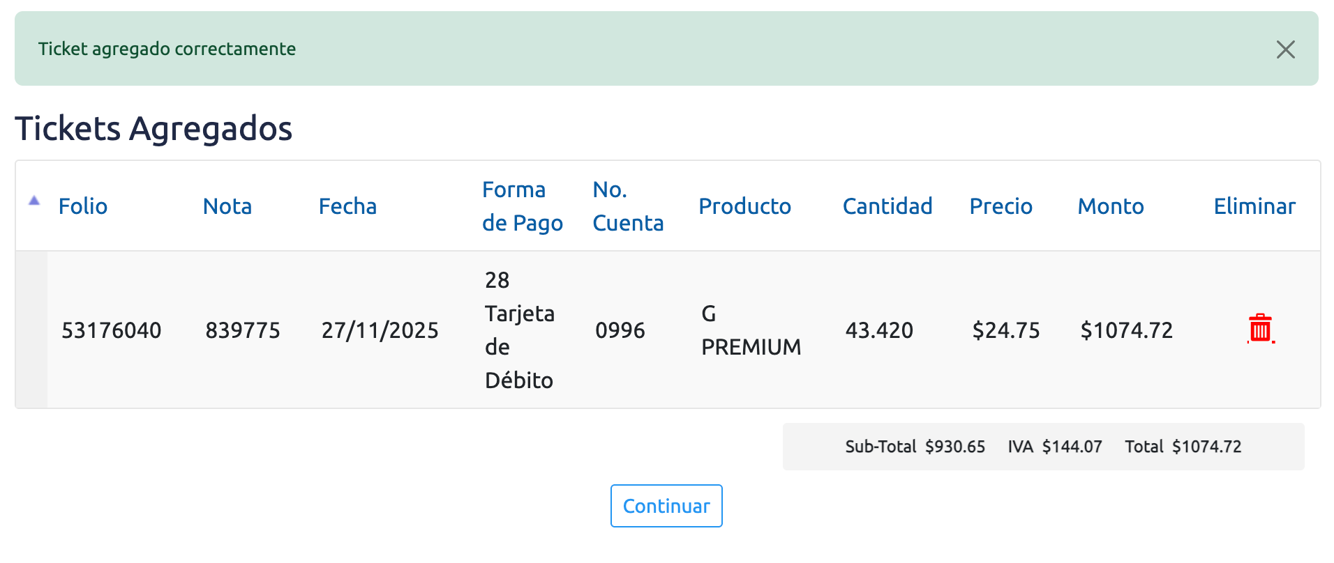 Captura de pantalla portal de facturación G500