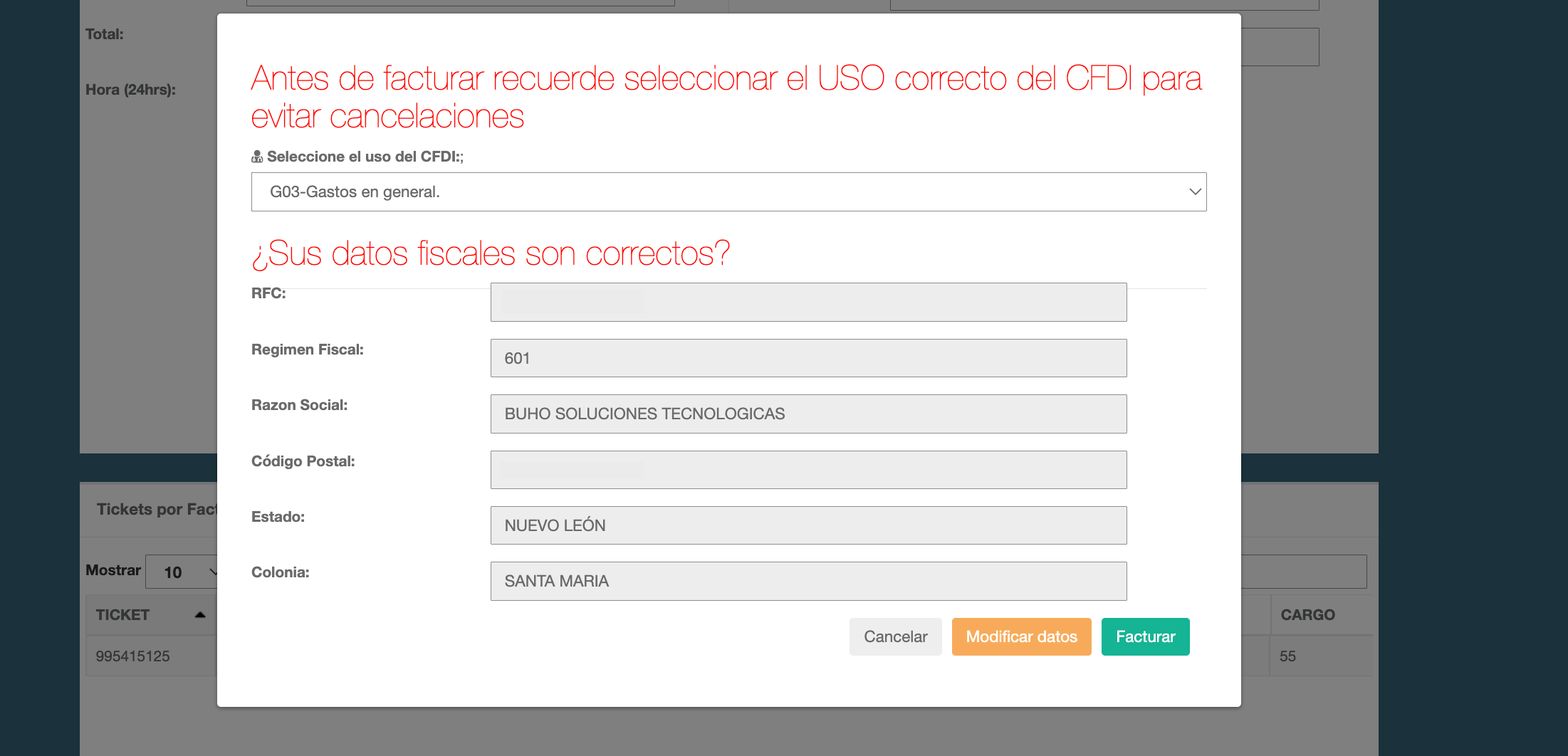 Captura de pantalla portal de facturación PINFRA