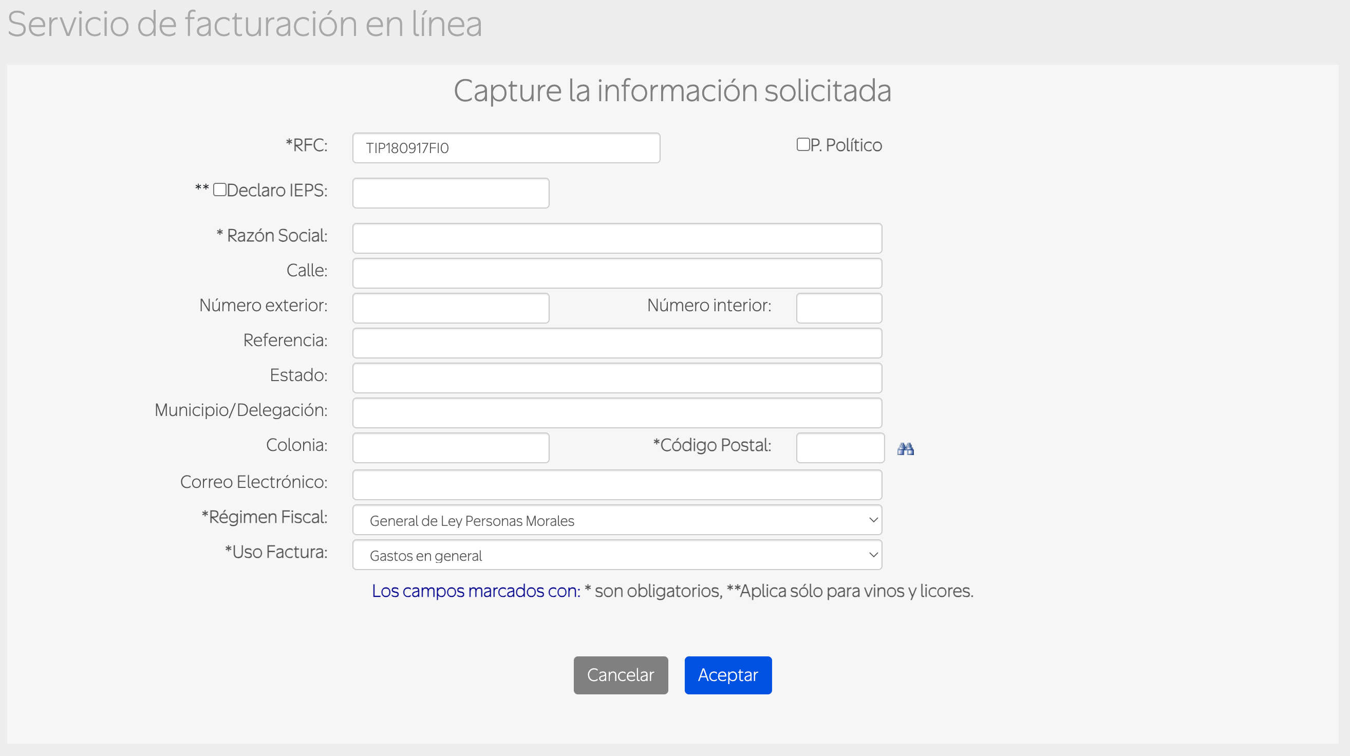 Captura de pantalla portal de facturación SAMS