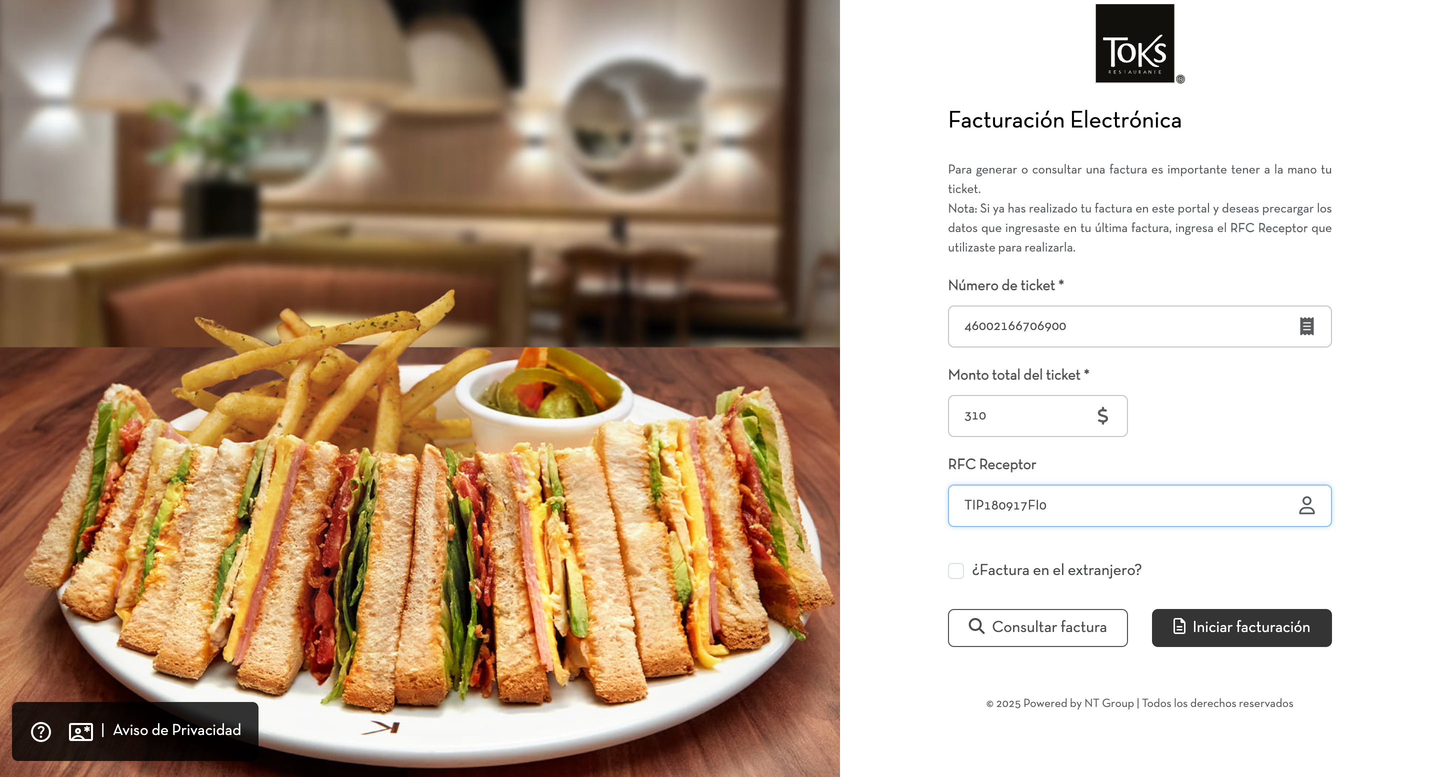 Captura de pantalla portal de facturación de TOKS