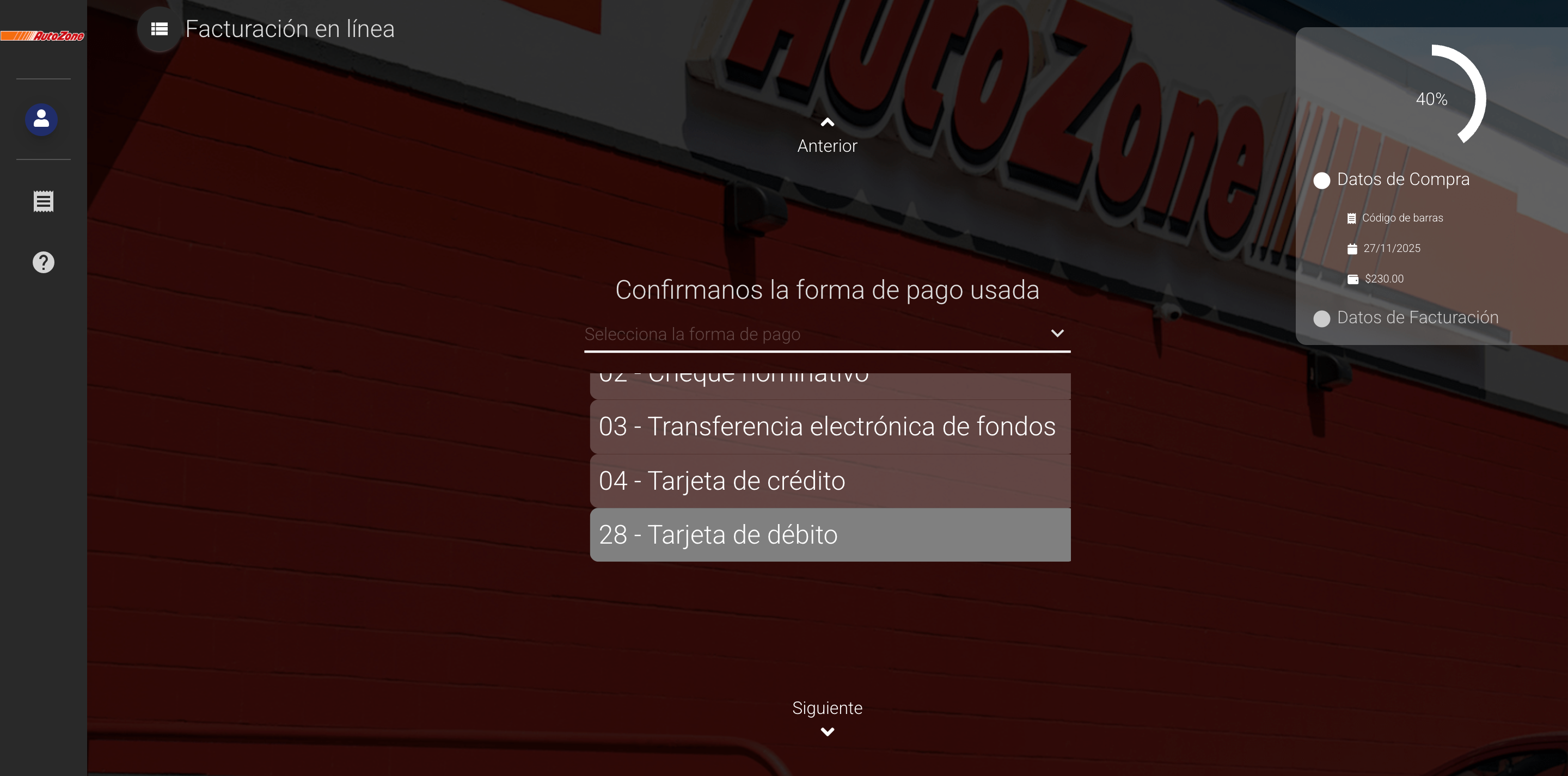 Captura de pantalla portal de facturación Autozone