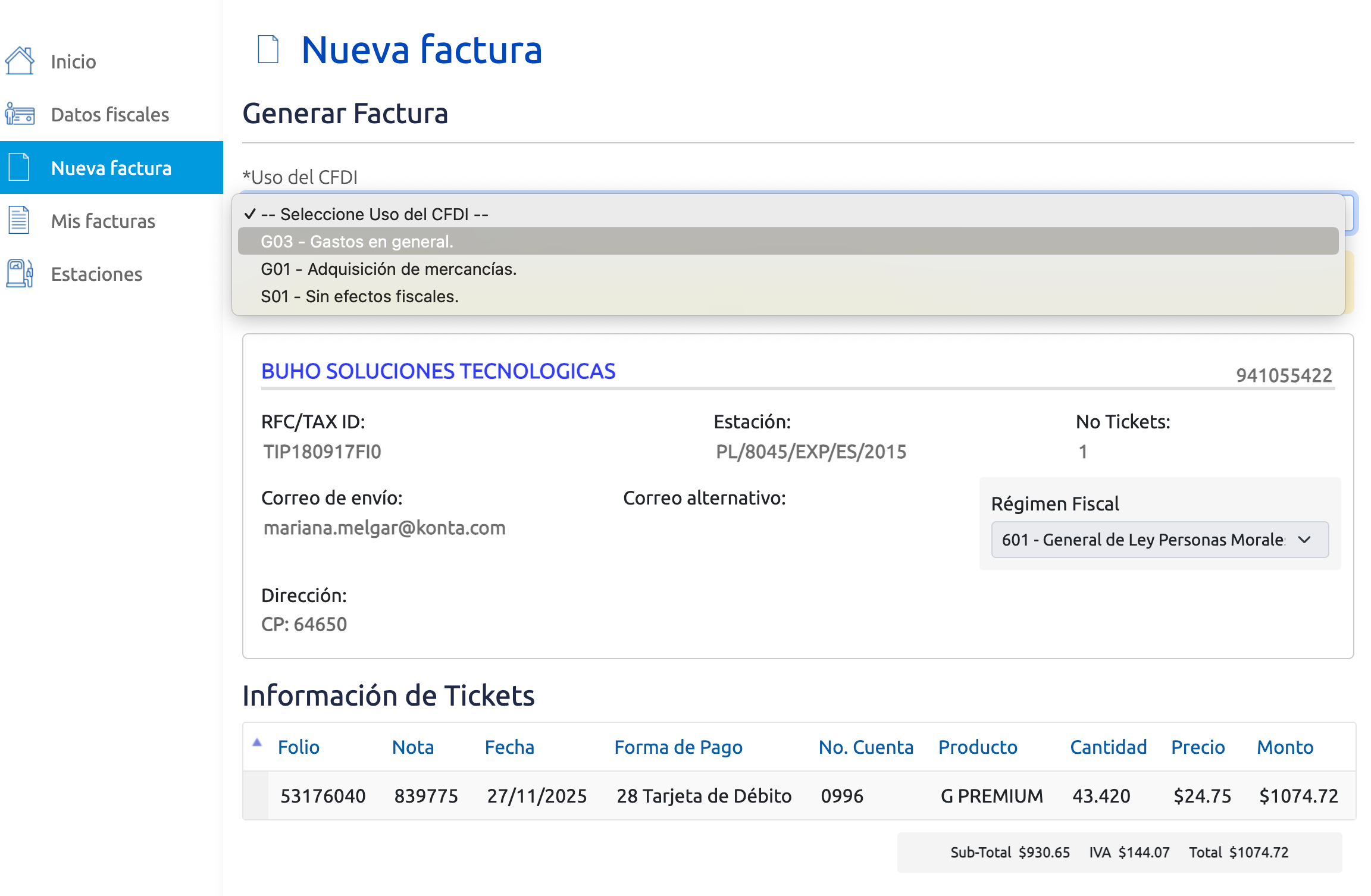 Captura de pantalla portal de facturación G500