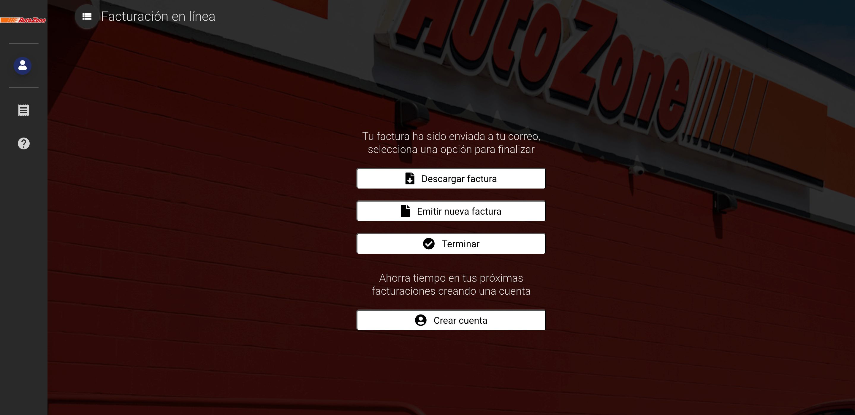 Captura de pantalla portal de facturación Autozone