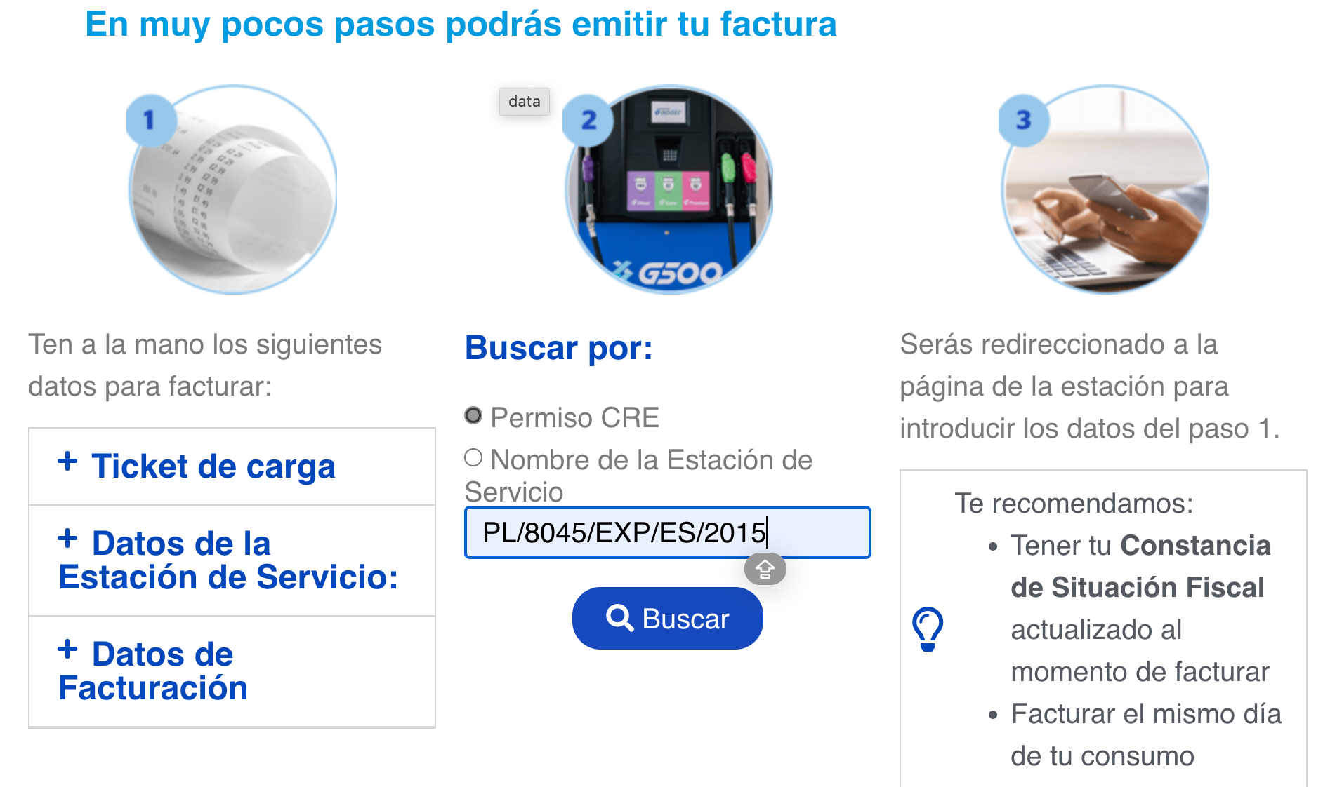 Captura de pantalla portal de facturación G500