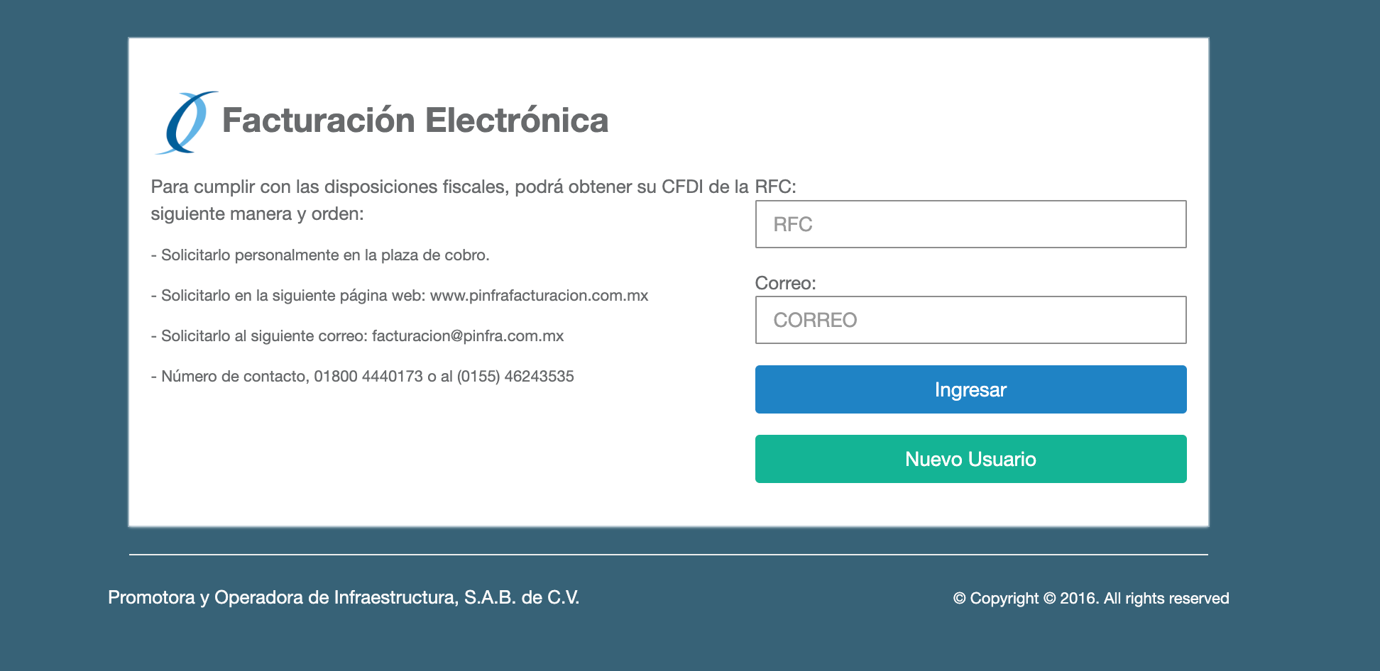 Captura de pantalla portal de facturación PINFRA