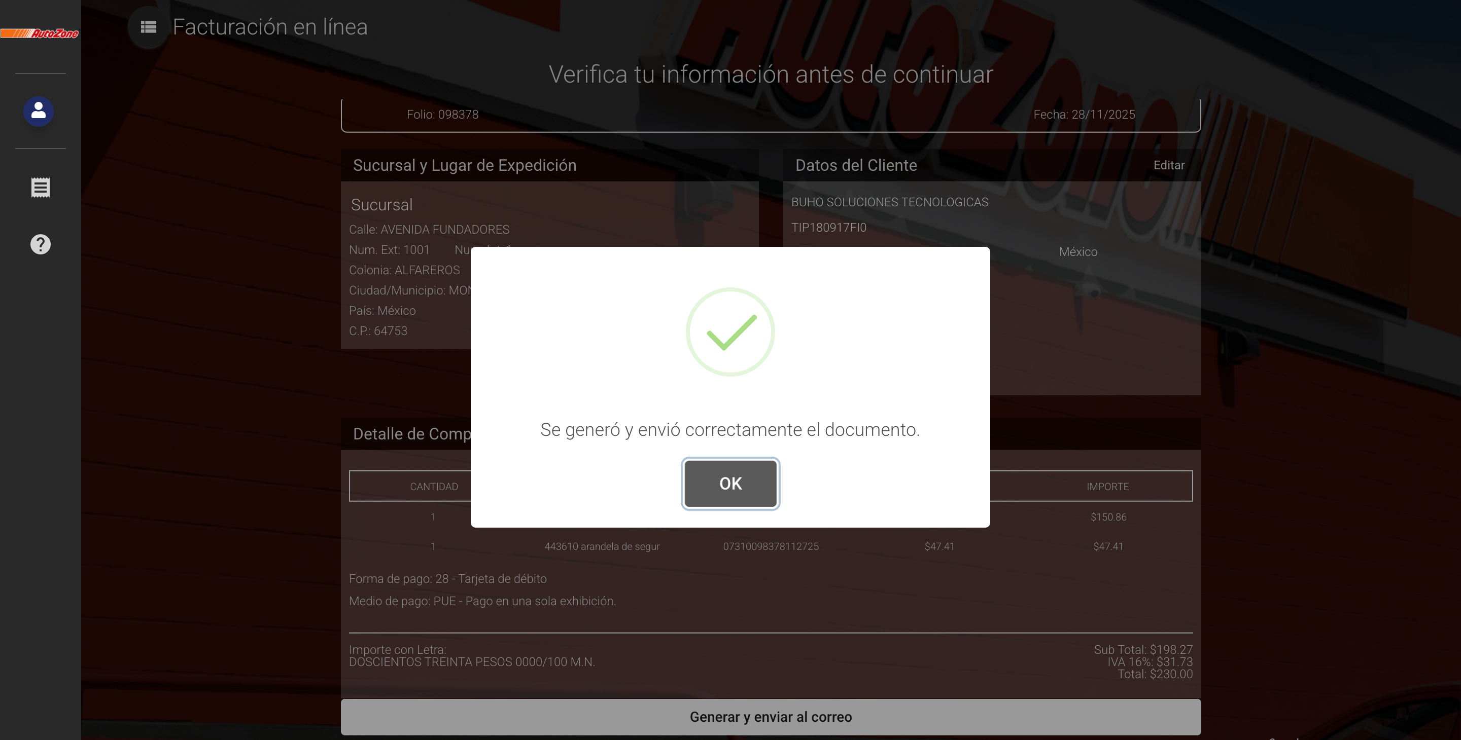 Captura de pantalla portal de facturación Autozone