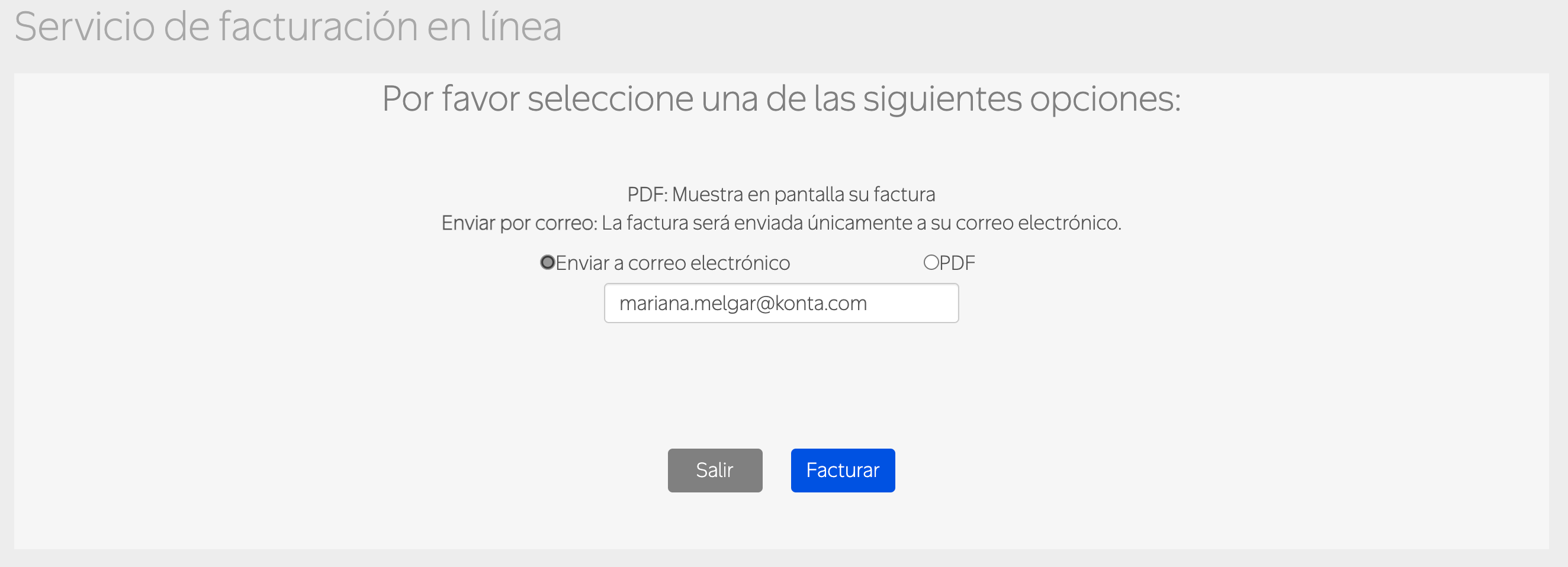 Captura de pantalla portal de facturación SAMS
