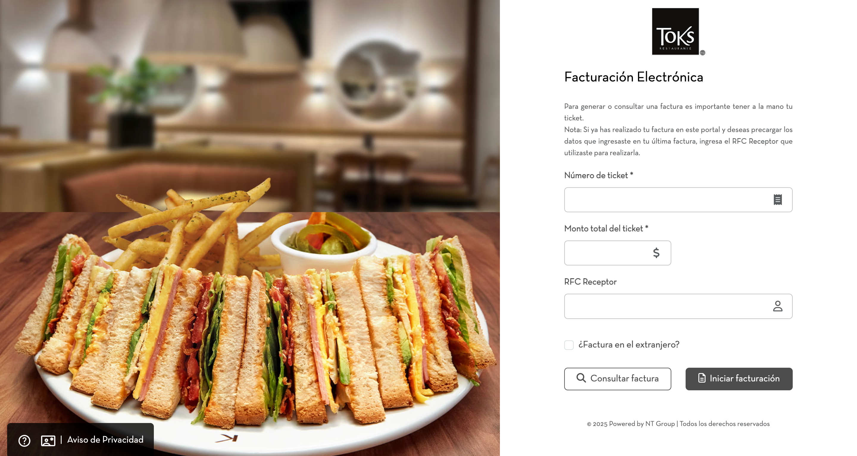 Captura de pantalla portal de facturación de TOKS